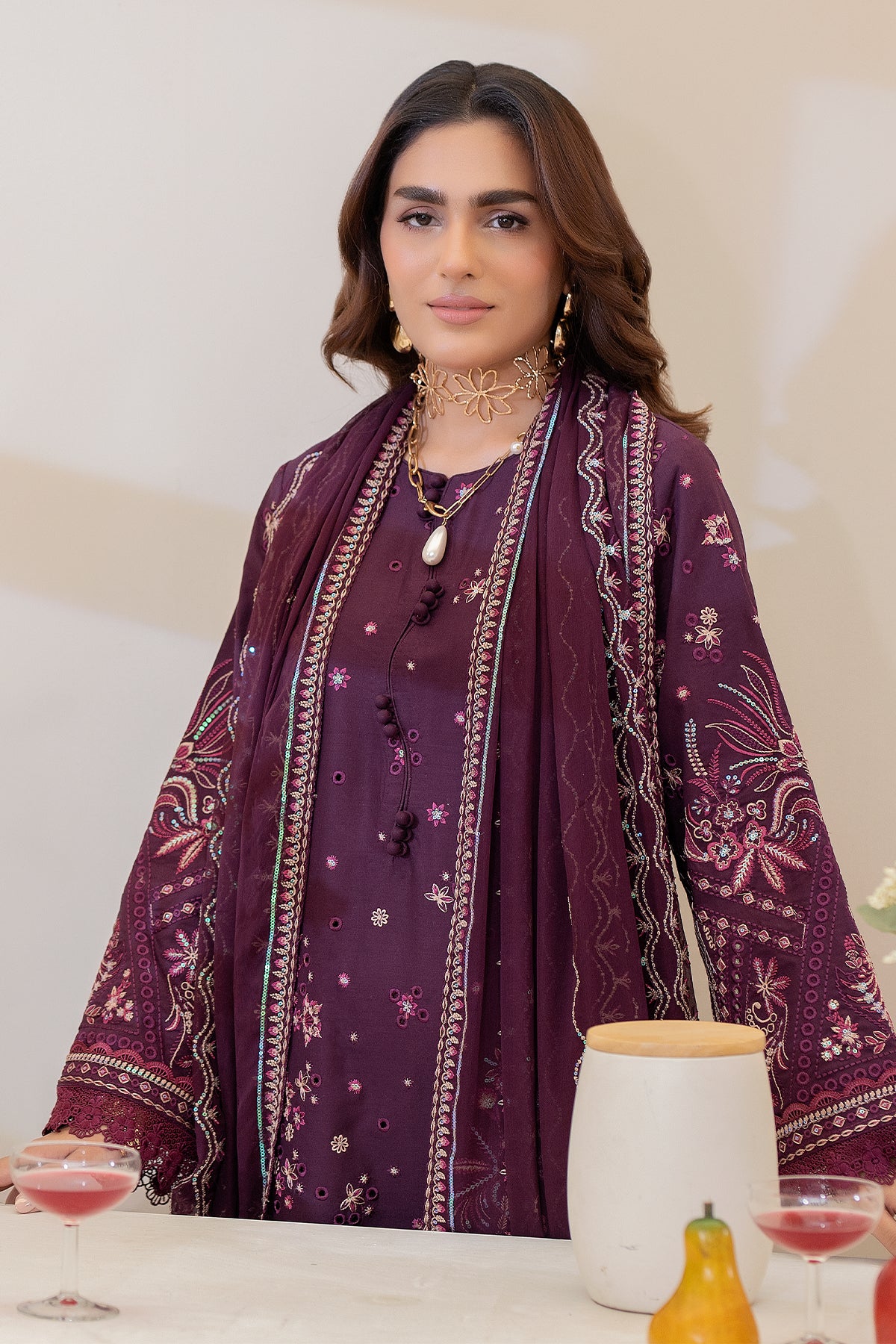 Pakistani Plum Embroidered Lawn Salwar Kameez (3-Piece) - Image 3