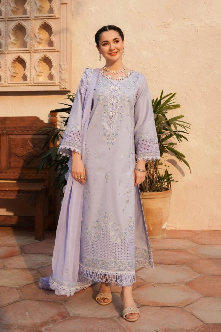Lilac Embroidered Lawn & Chiffon Salwar Kameez (3-Piece) - Image 5