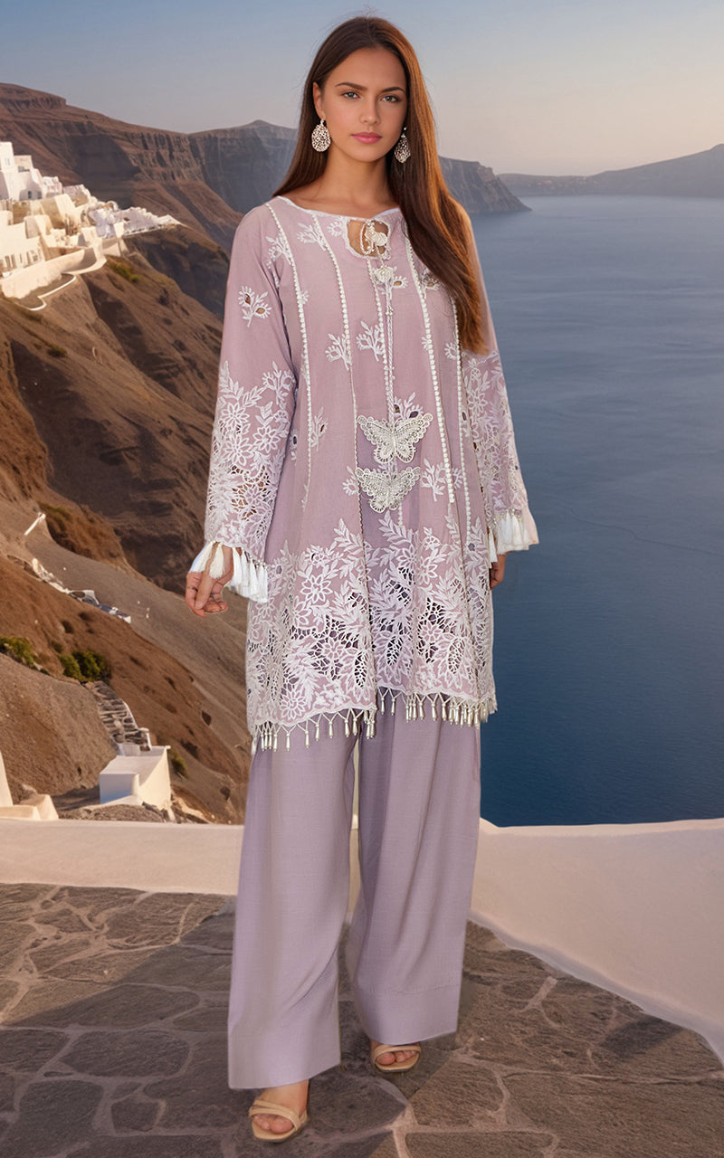 Pakistani Lavender Embroidered Lawn & Viscose Silk Suit (2-Piece) - Image 1