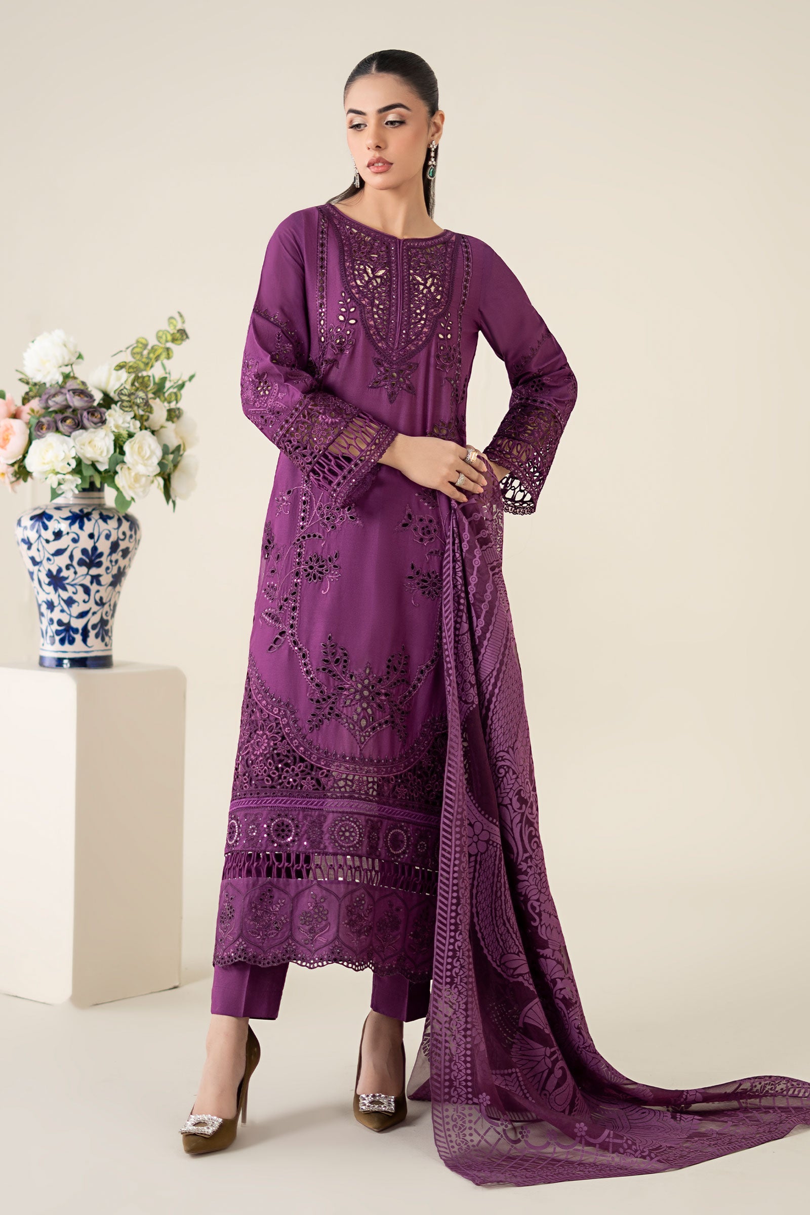 Purple Embroidered Lawn A-Line Suit (3-Piece) - Image 1