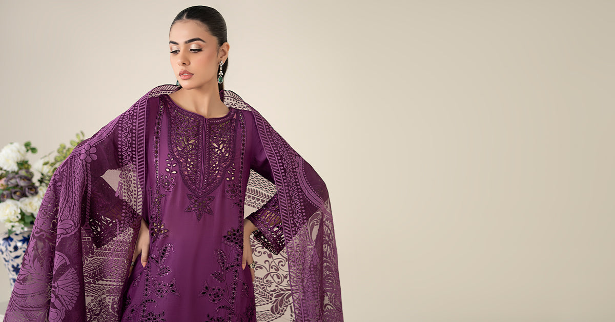 Purple Embroidered Lawn A-Line Suit (3-Piece) - Image 10