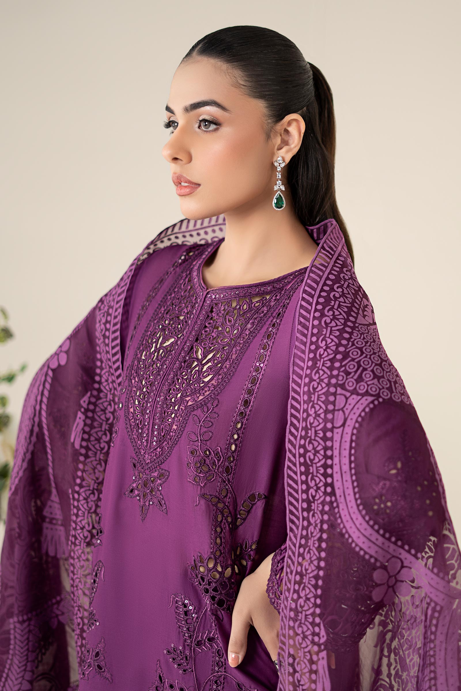 Purple Embroidered Lawn A-Line Suit (3-Piece) - Image 2