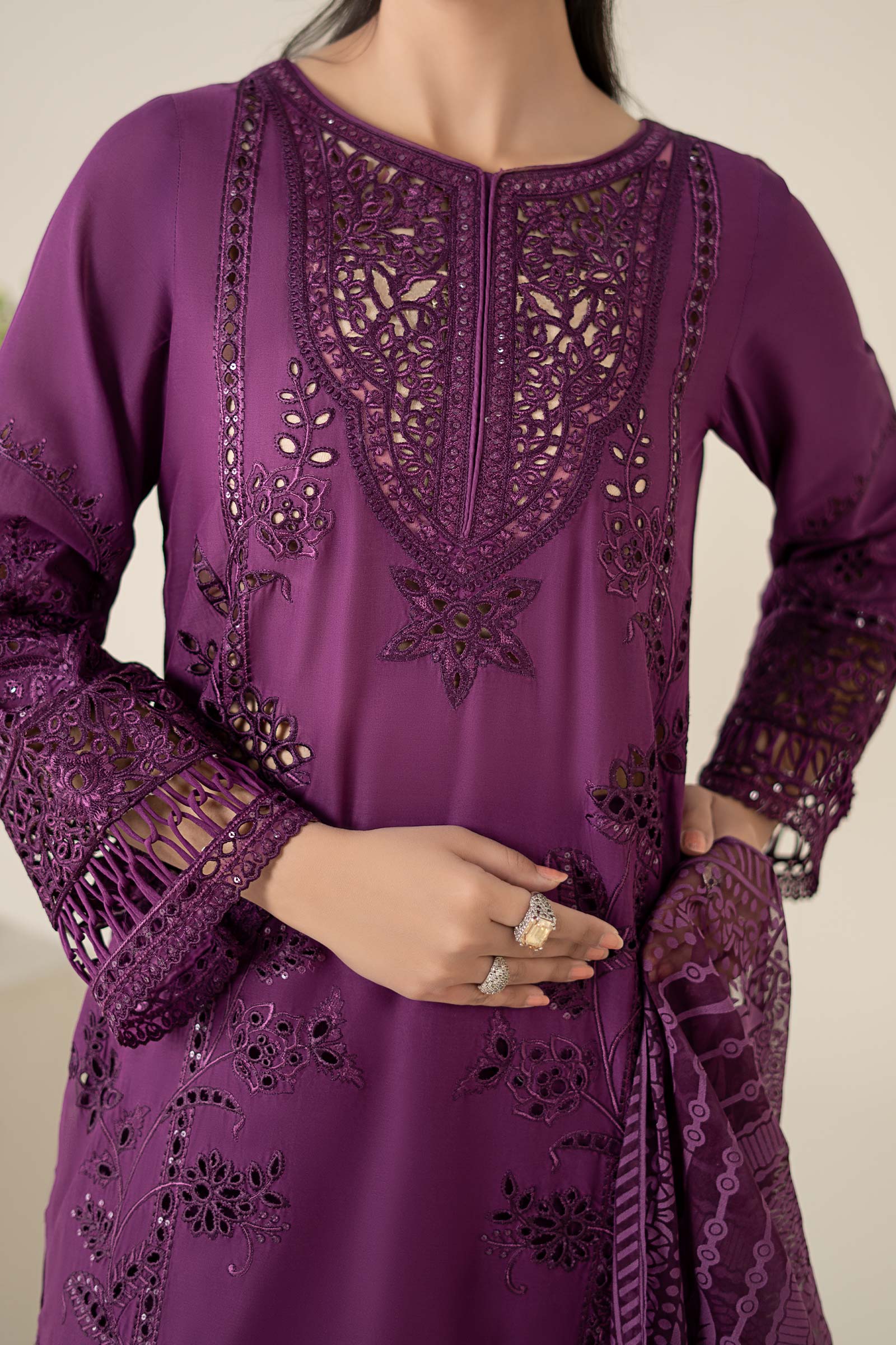 Purple Embroidered Lawn A-Line Suit (3-Piece) - Image 4