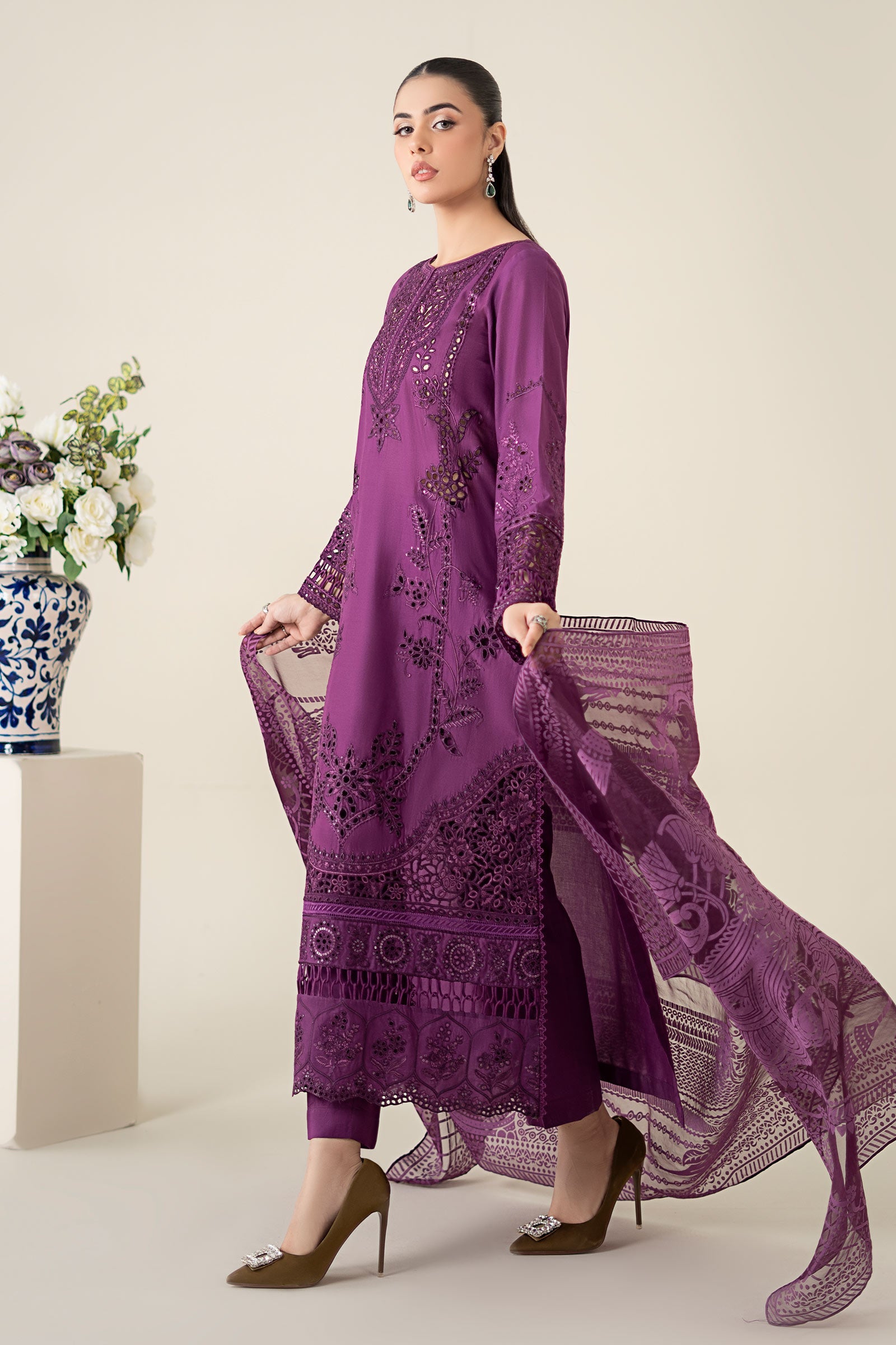 Purple Embroidered Lawn A-Line Suit (3-Piece) - Image 8