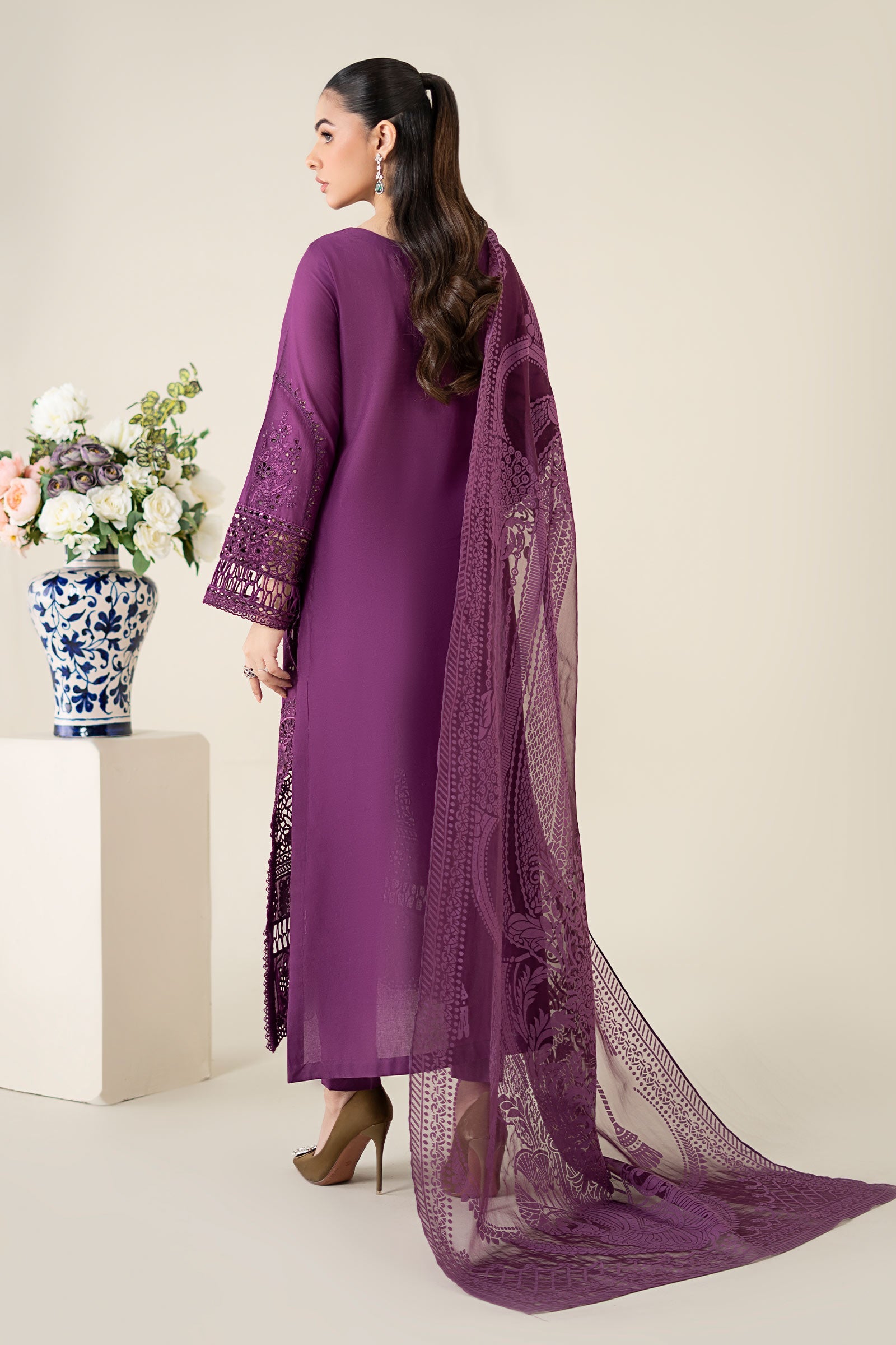 Purple Embroidered Lawn A-Line Suit (3-Piece) - Image 9