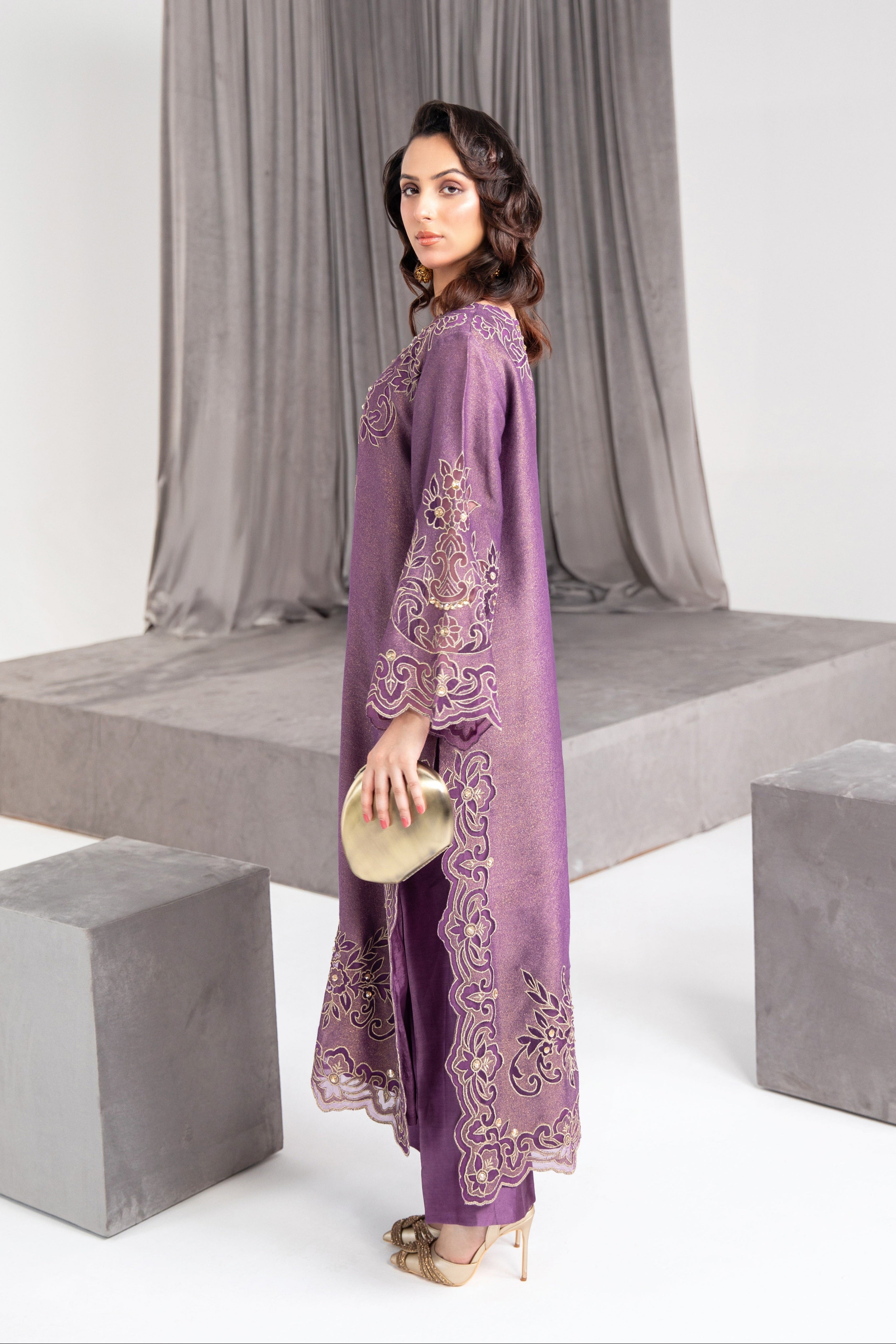 Pakistani Acai Purple Embroidered Lurex Net Salwar Kameez (2-Piece) - Image 1