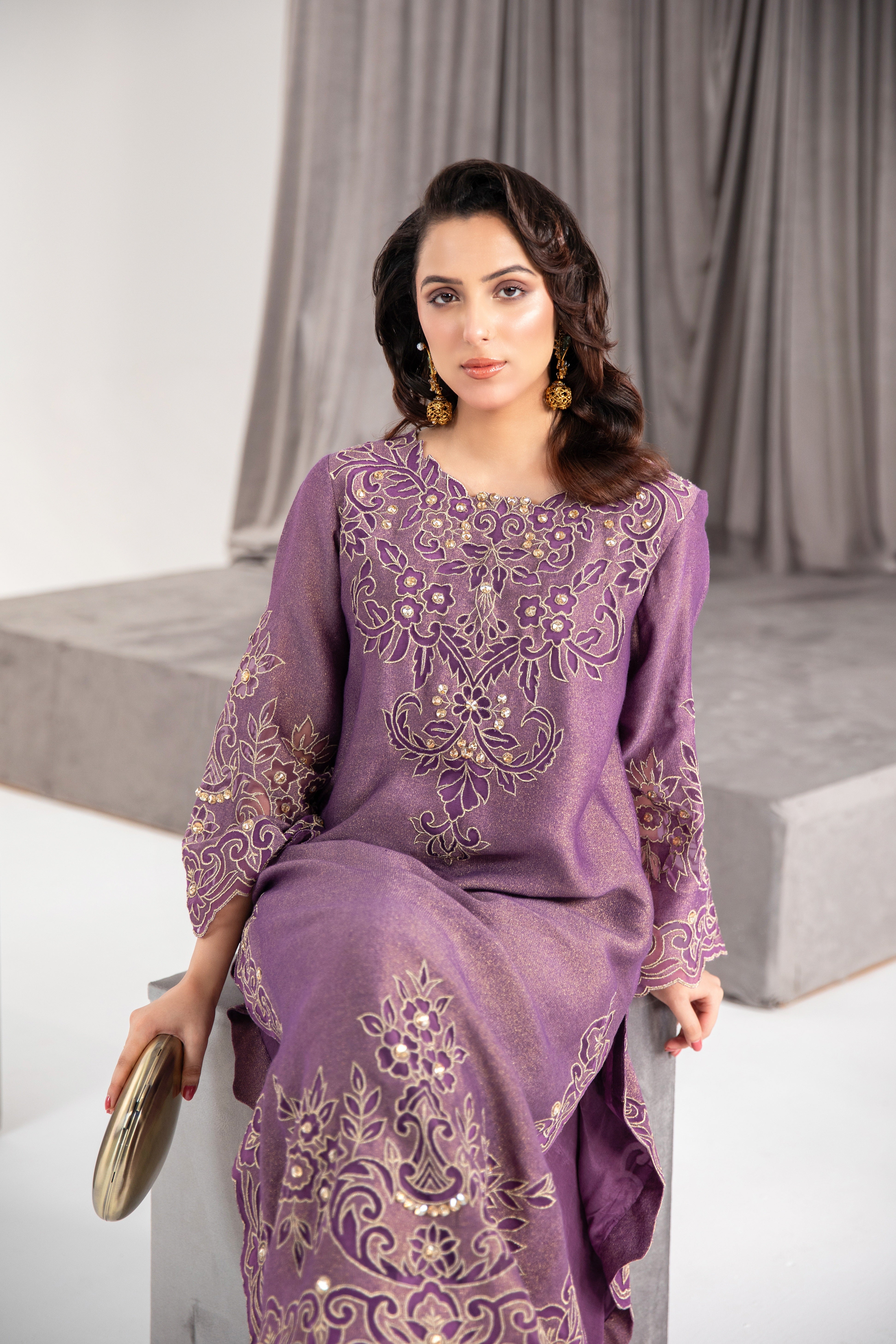 Pakistani Acai Purple Embroidered Lurex Net Salwar Kameez (2-Piece) - Image 2