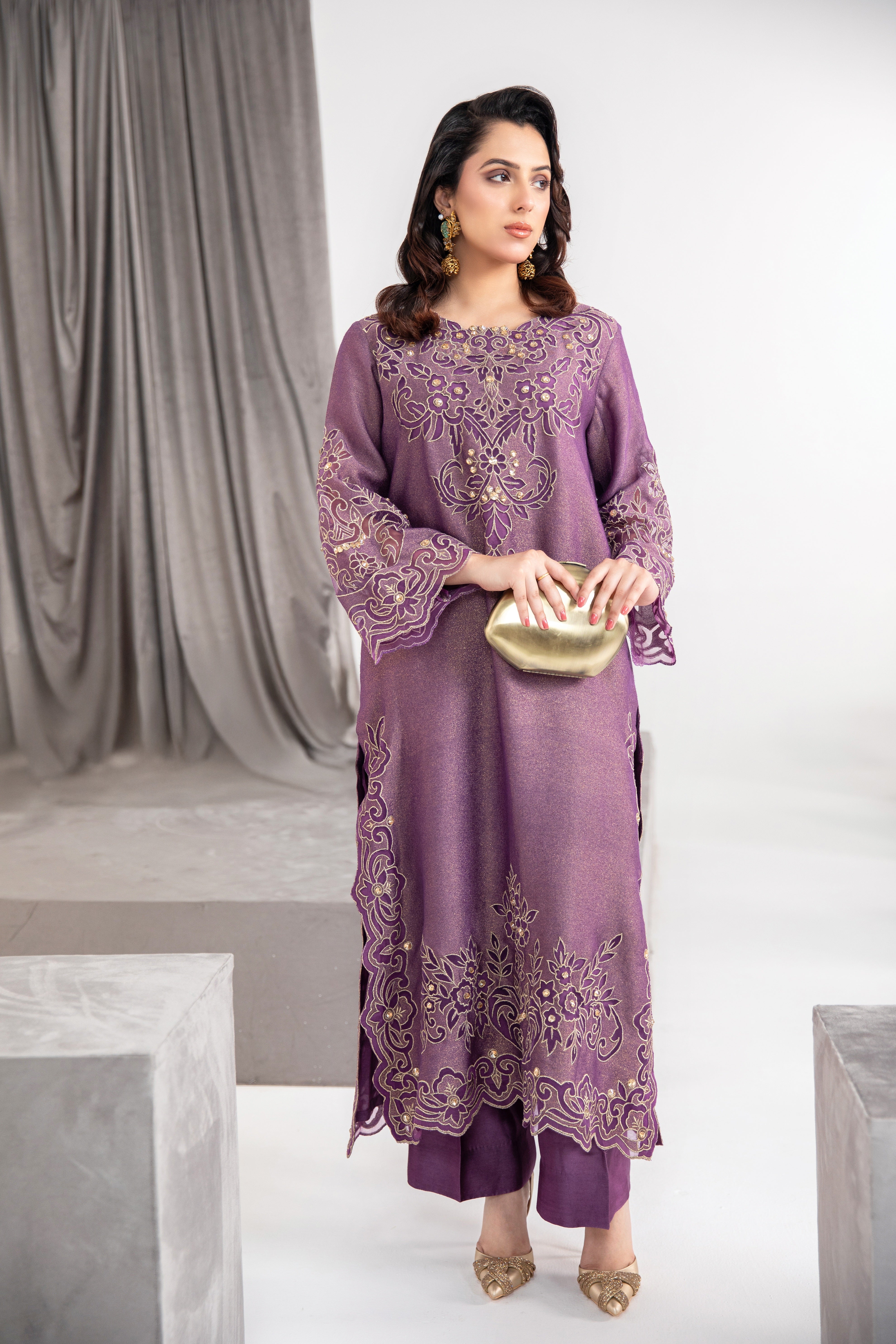 Pakistani Acai Purple Embroidered Lurex Net Salwar Kameez (2-Piece) - Image 3