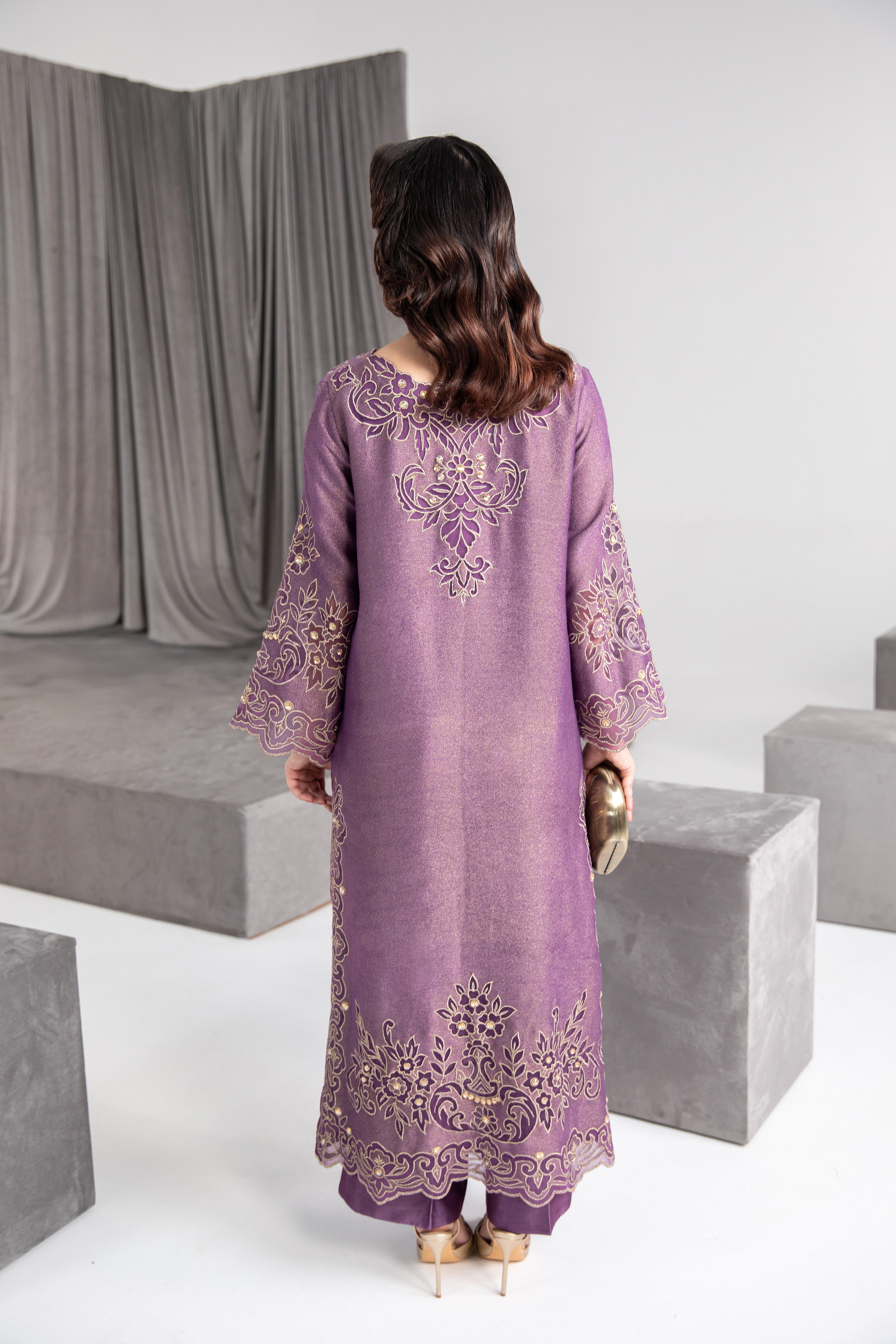 Pakistani Acai Purple Embroidered Lurex Net Salwar Kameez (2-Piece) - Image 4