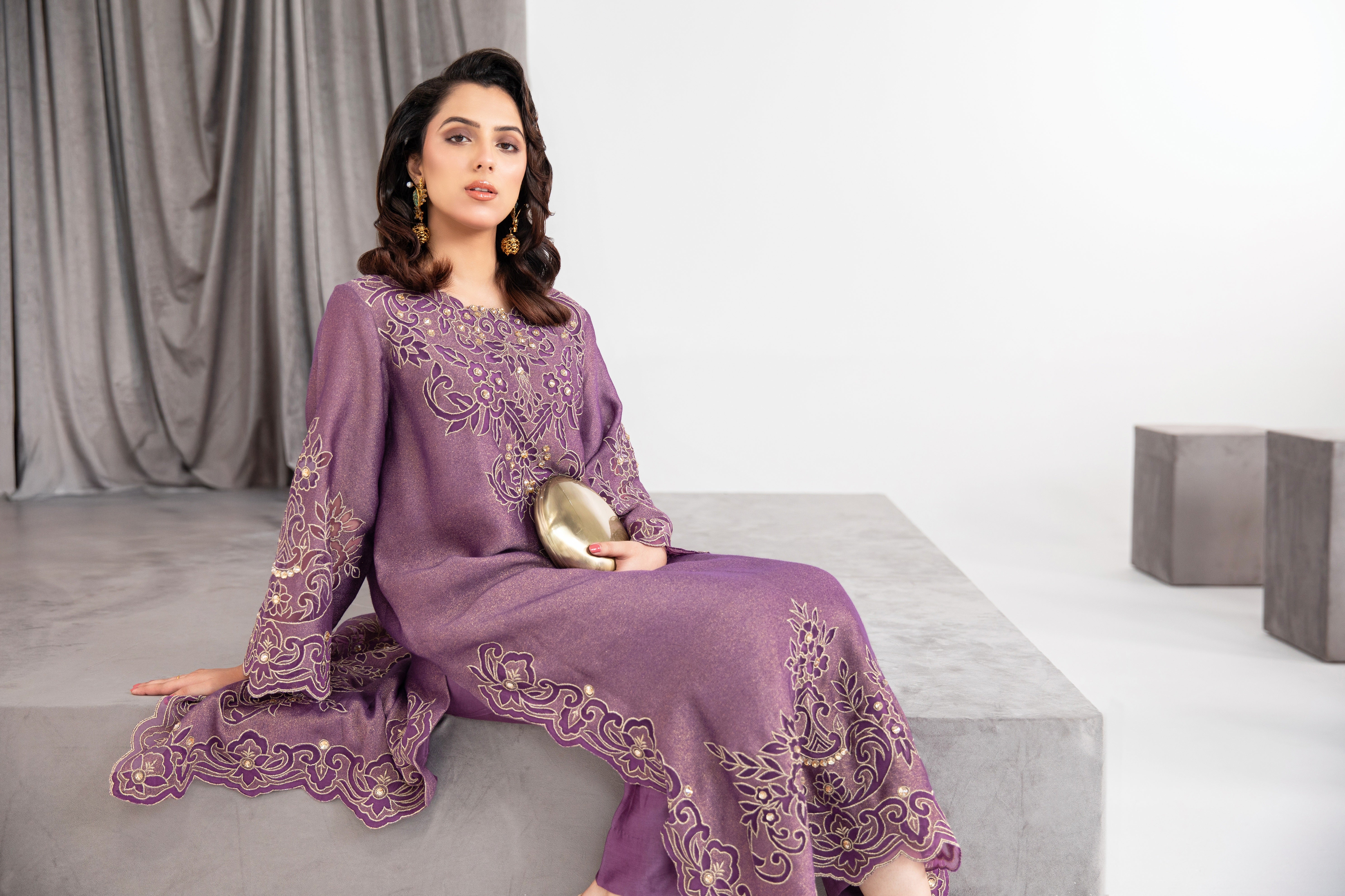 Pakistani Acai Purple Embroidered Lurex Net Salwar Kameez (2-Piece) - Image 5