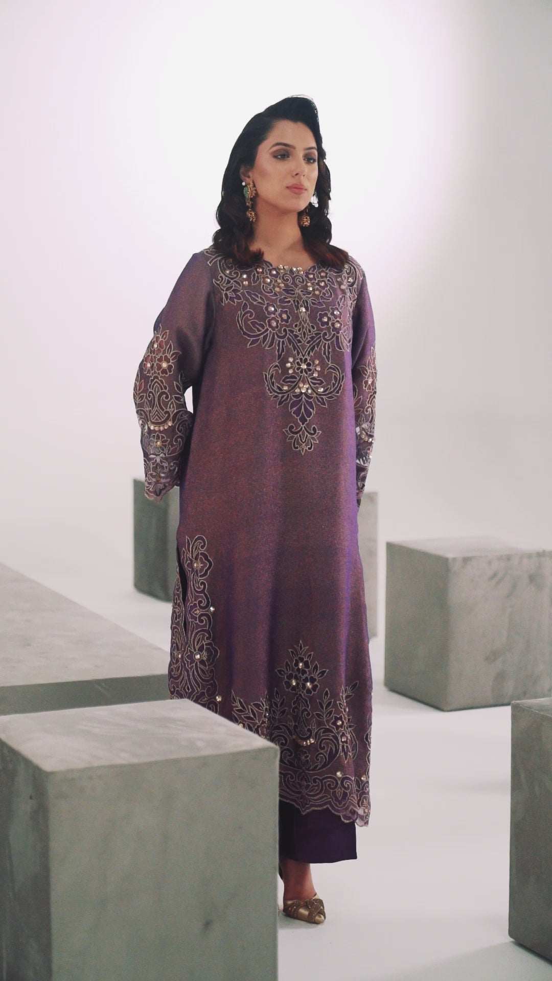 Pakistani Acai Purple Embroidered Lurex Net Salwar Kameez (2-Piece) - Image 6