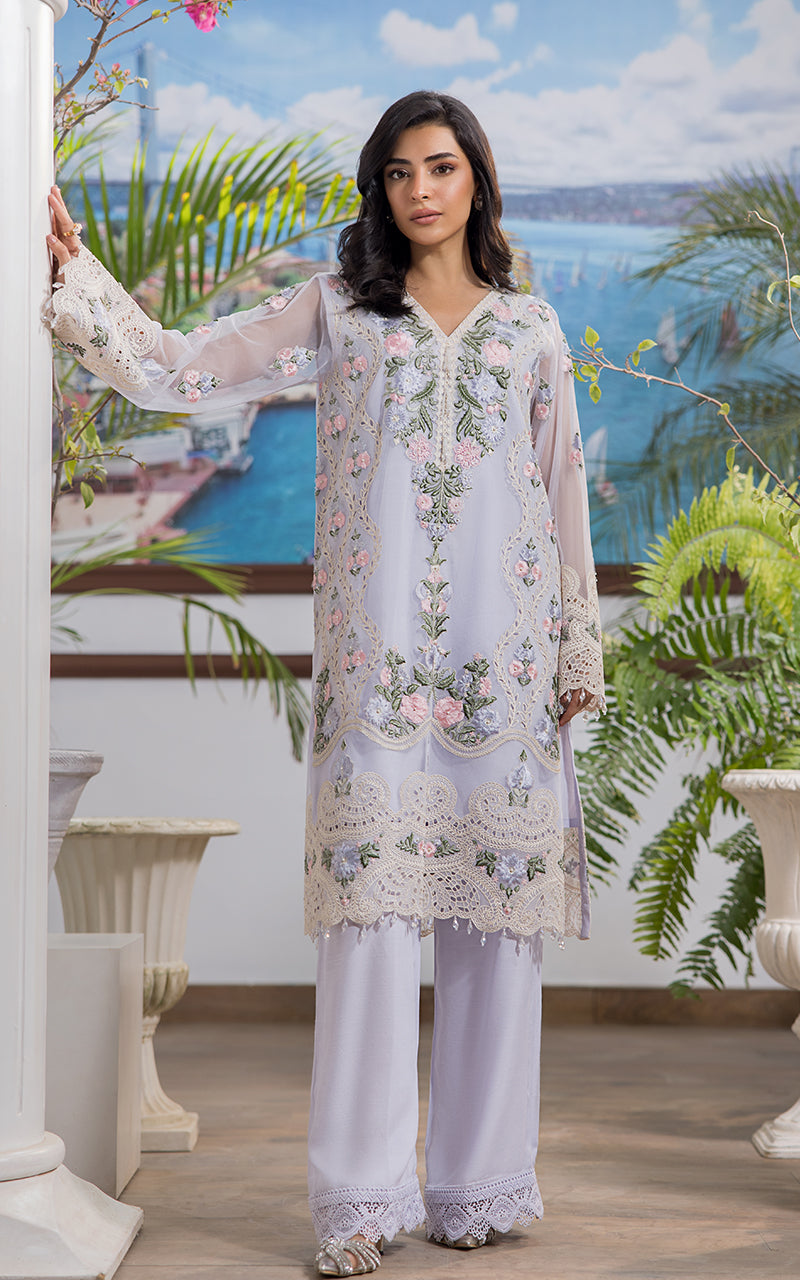 Pakistani Lilac Embroidered Net Salwar Kameez (2-Piece) - Image 1