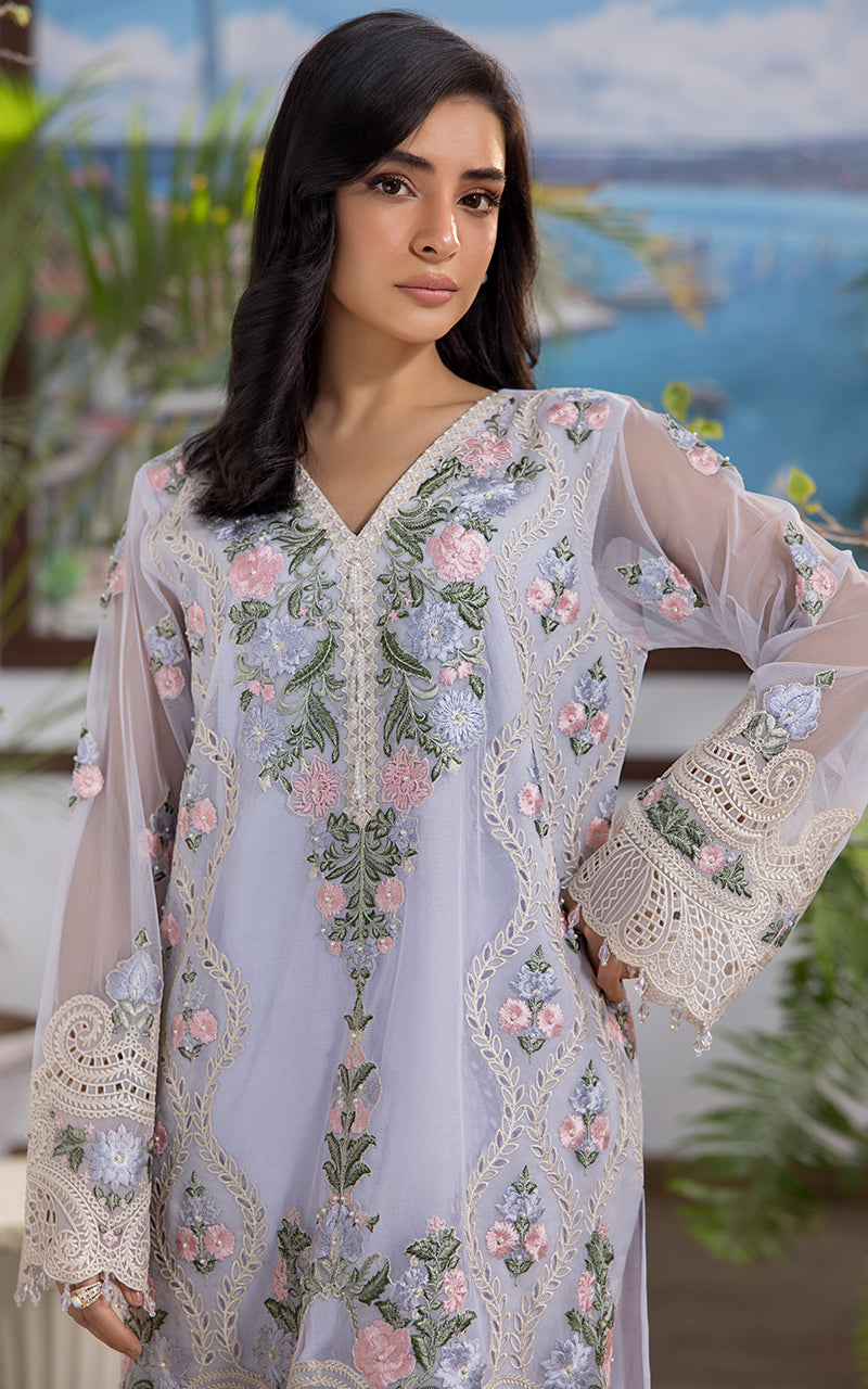 Pakistani Lilac Embroidered Net Salwar Kameez (2-Piece) - Image 2