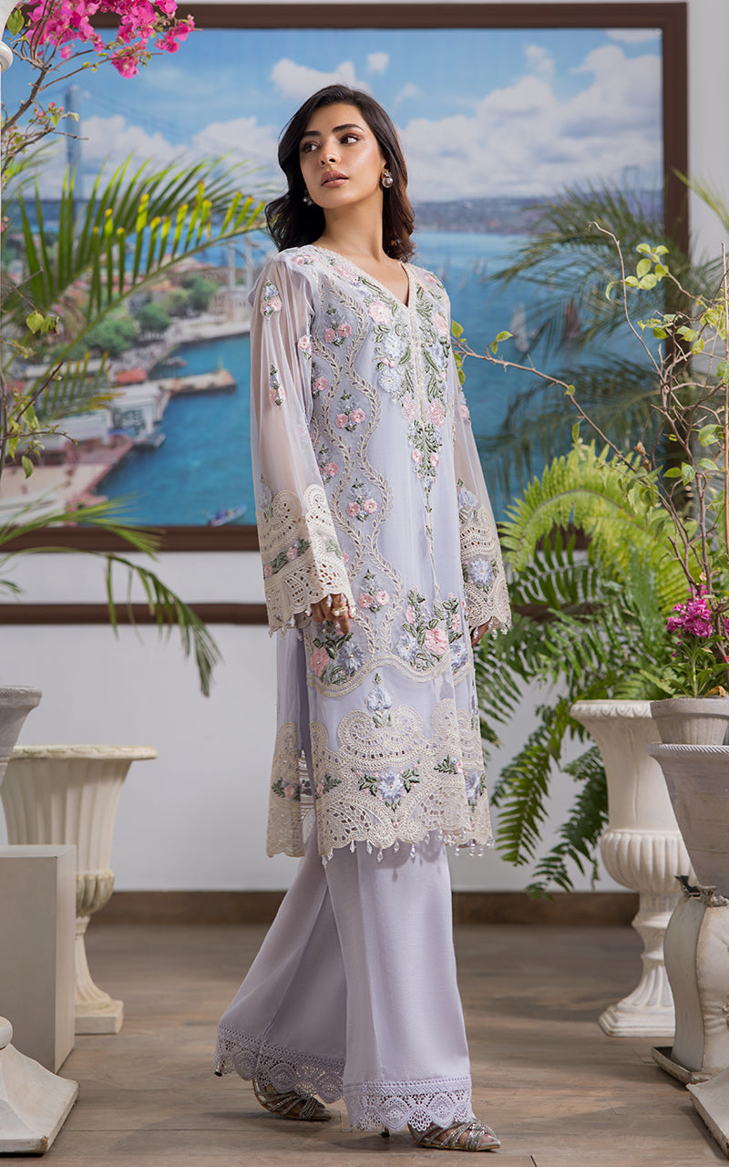 Pakistani Lilac Embroidered Net Salwar Kameez (2-Piece) - Image 3