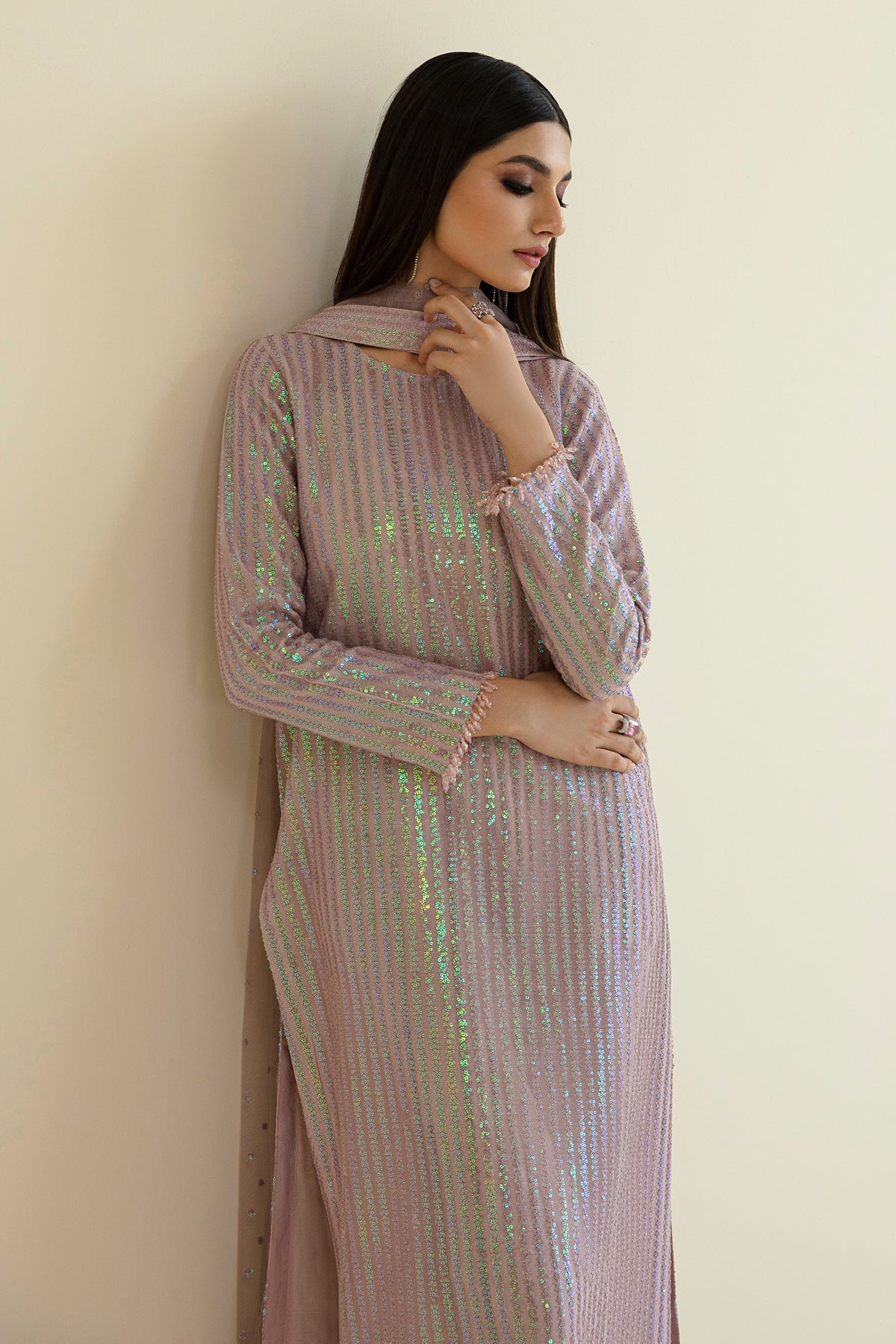 Lilac Sequin Embroidered Net Salwar Kameez (3-Piece) - Image 6