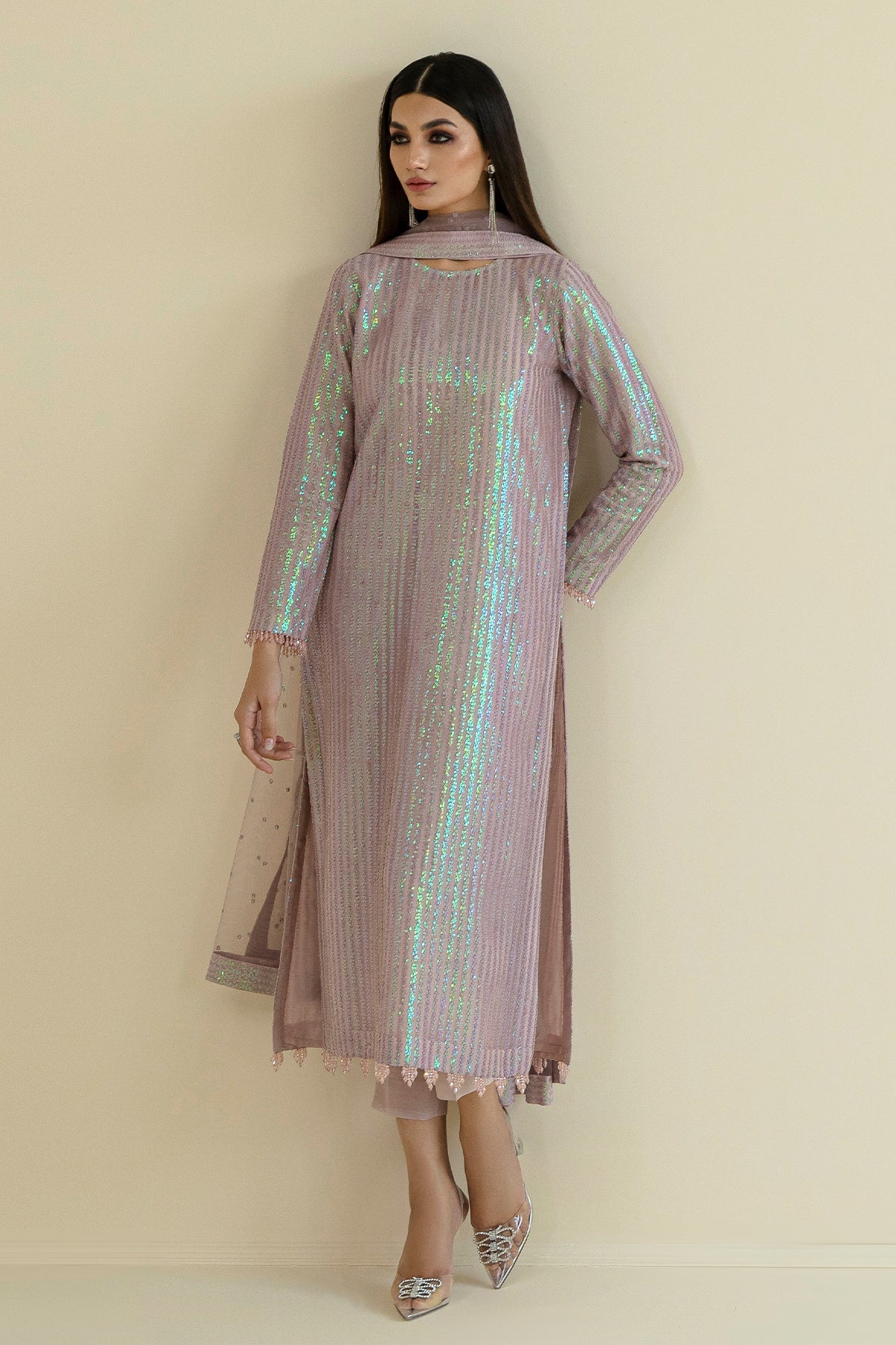 Lilac Sequin Embroidered Net Salwar Kameez (3-Piece) - Image 7