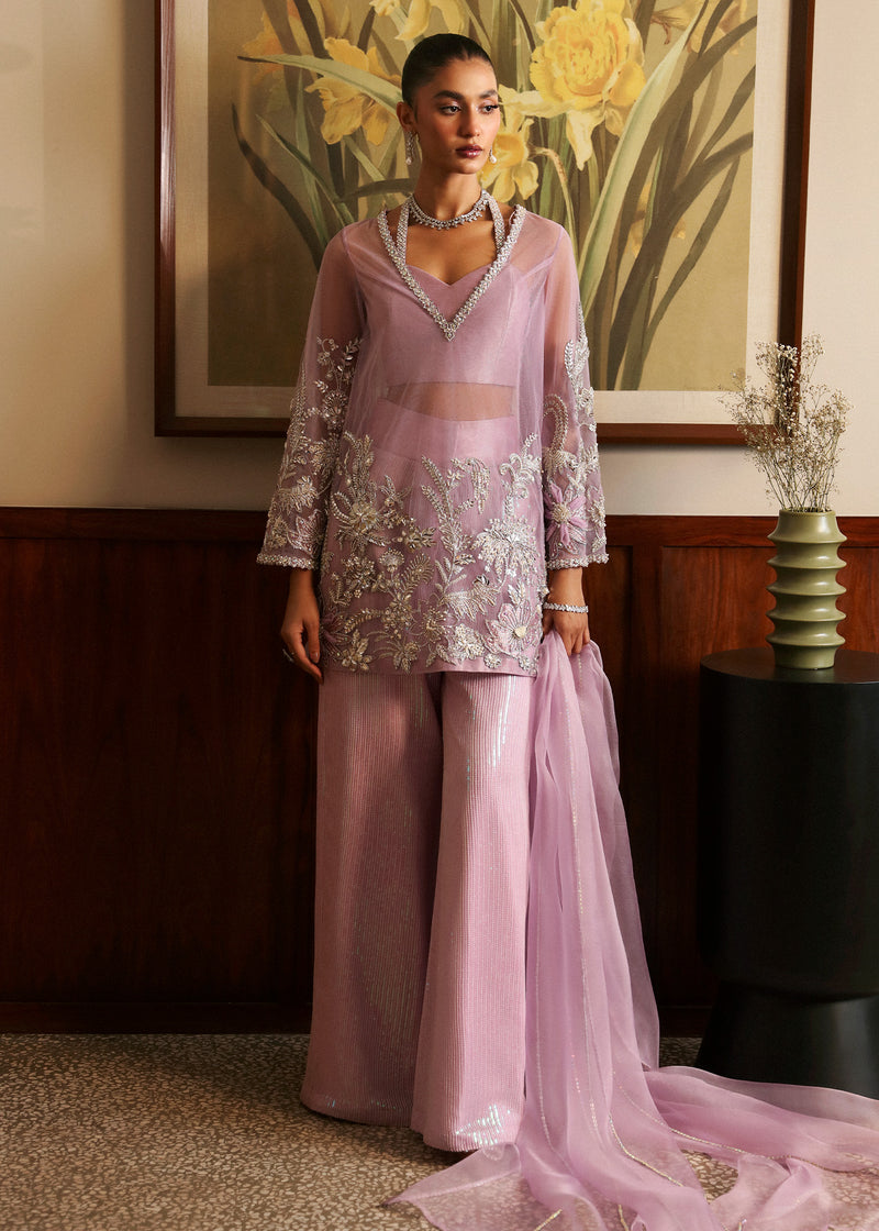 Lavender Embellished Net & Tissue Salwar Kameez (3-Piece) - Image 1