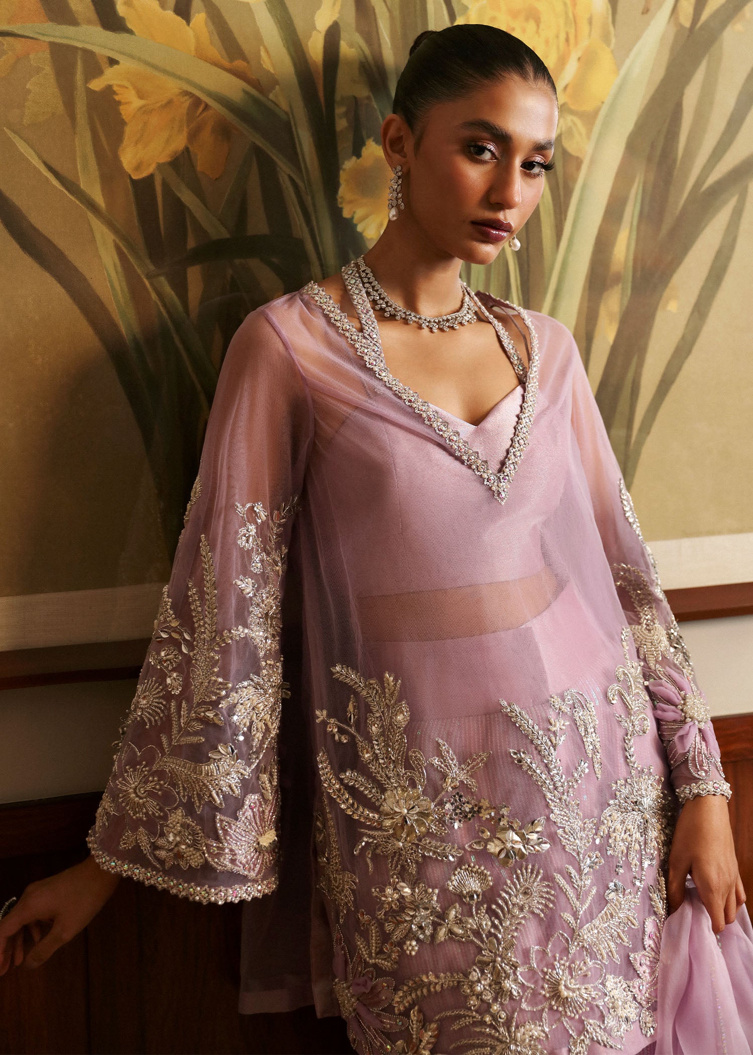 Lavender Embellished Net & Tissue Salwar Kameez (3-Piece) - Image 3
