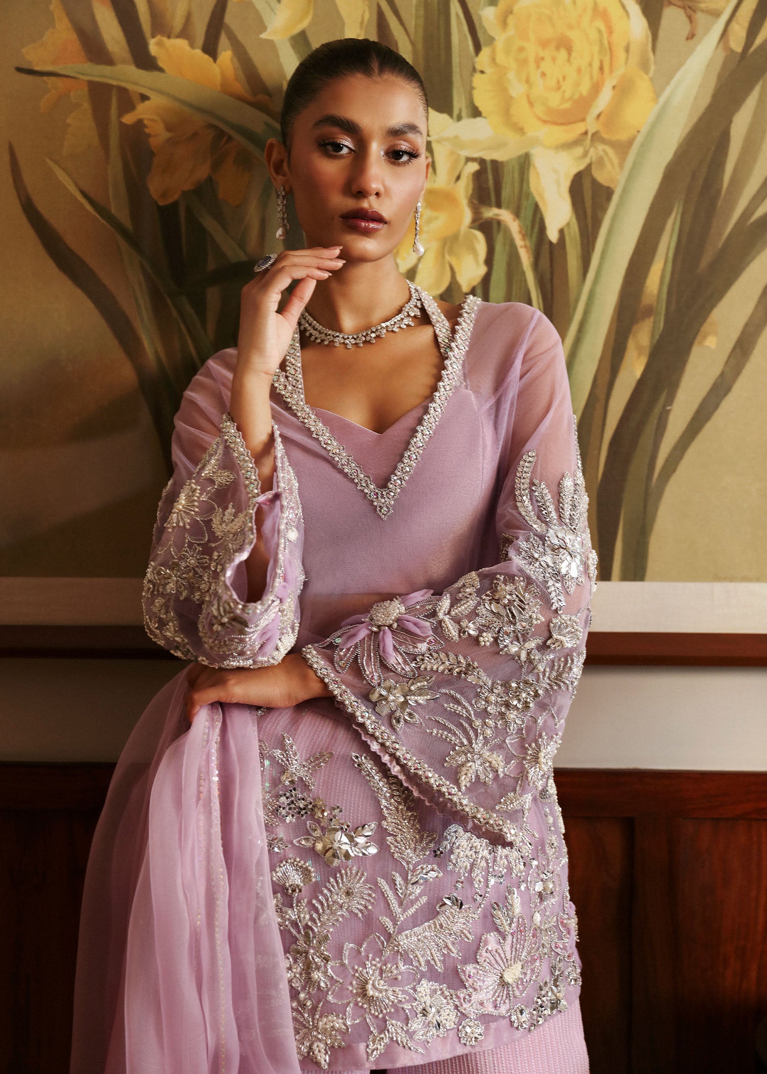 Lavender Embellished Net & Tissue Salwar Kameez (3-Piece) - Image 4