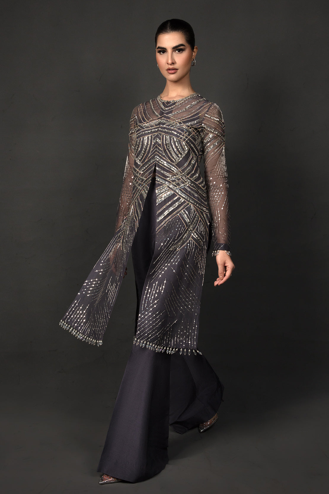 Purple Sequined Net Salwar Kameez (2-Piece) - Image 1