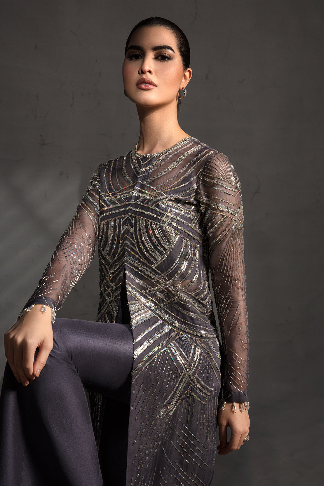 Purple Sequined Net Salwar Kameez (2-Piece) - Image 5