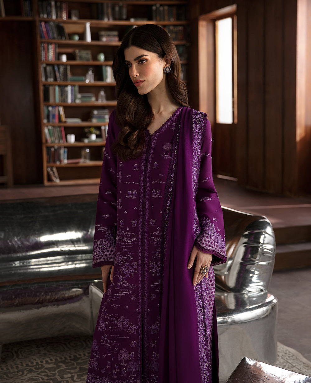 Plum Embroidered Oak Silk Kurta (3-Piece) - Image 3