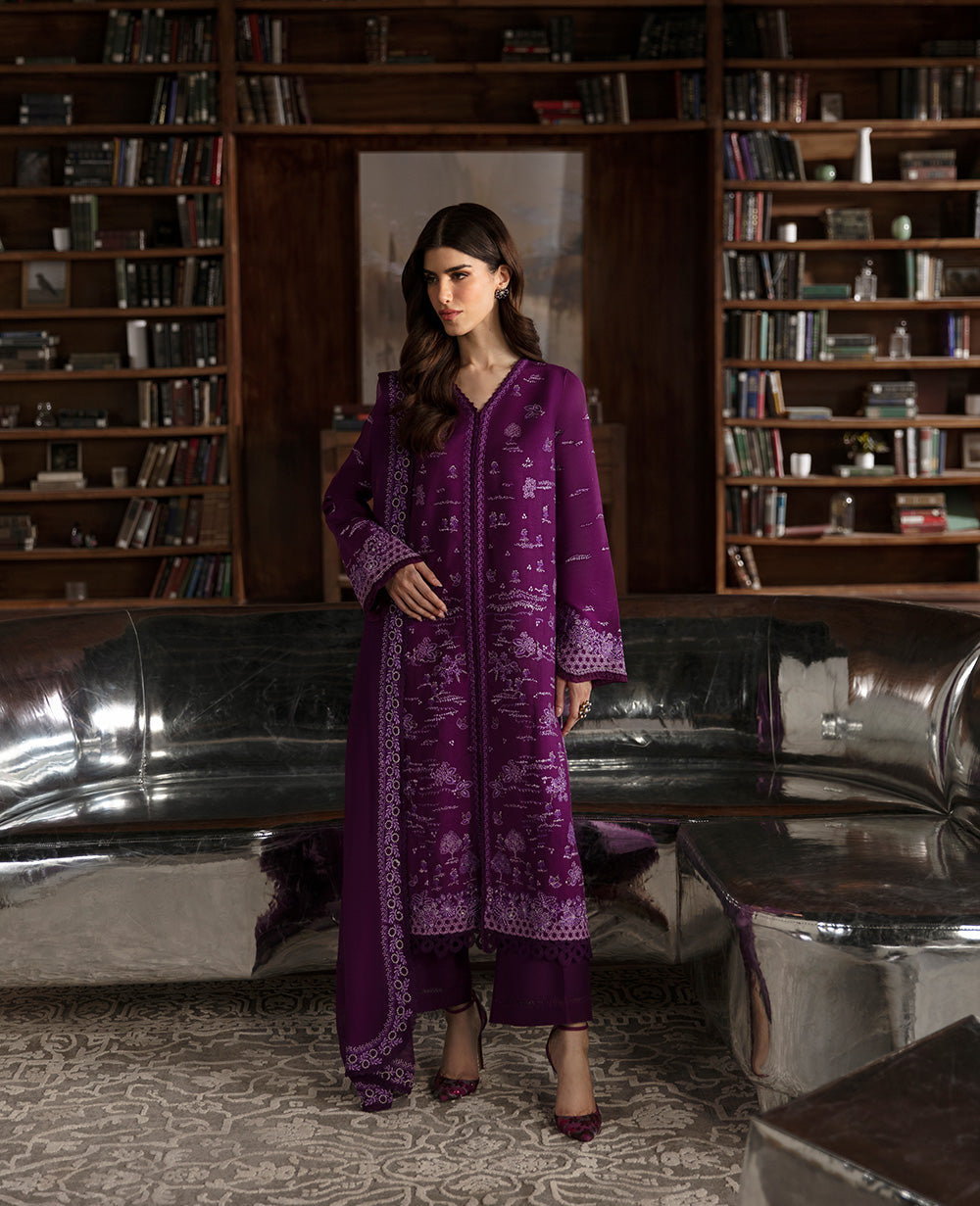 Pakistani Plum Embroidered Oak Silk 3-Piece Suit - Image 1