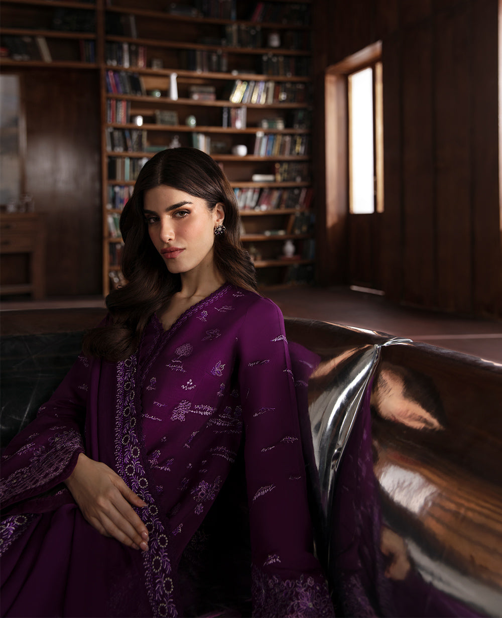 Pakistani Plum Embroidered Oak Silk 3-Piece Suit - Image 6