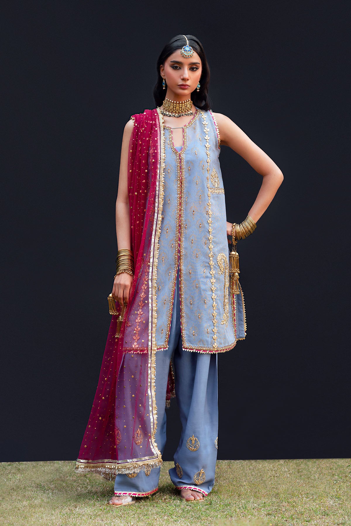 Pakistani Purple Zardozi Organza Cotton Salwar Kameez (3-Piece) - Image 1