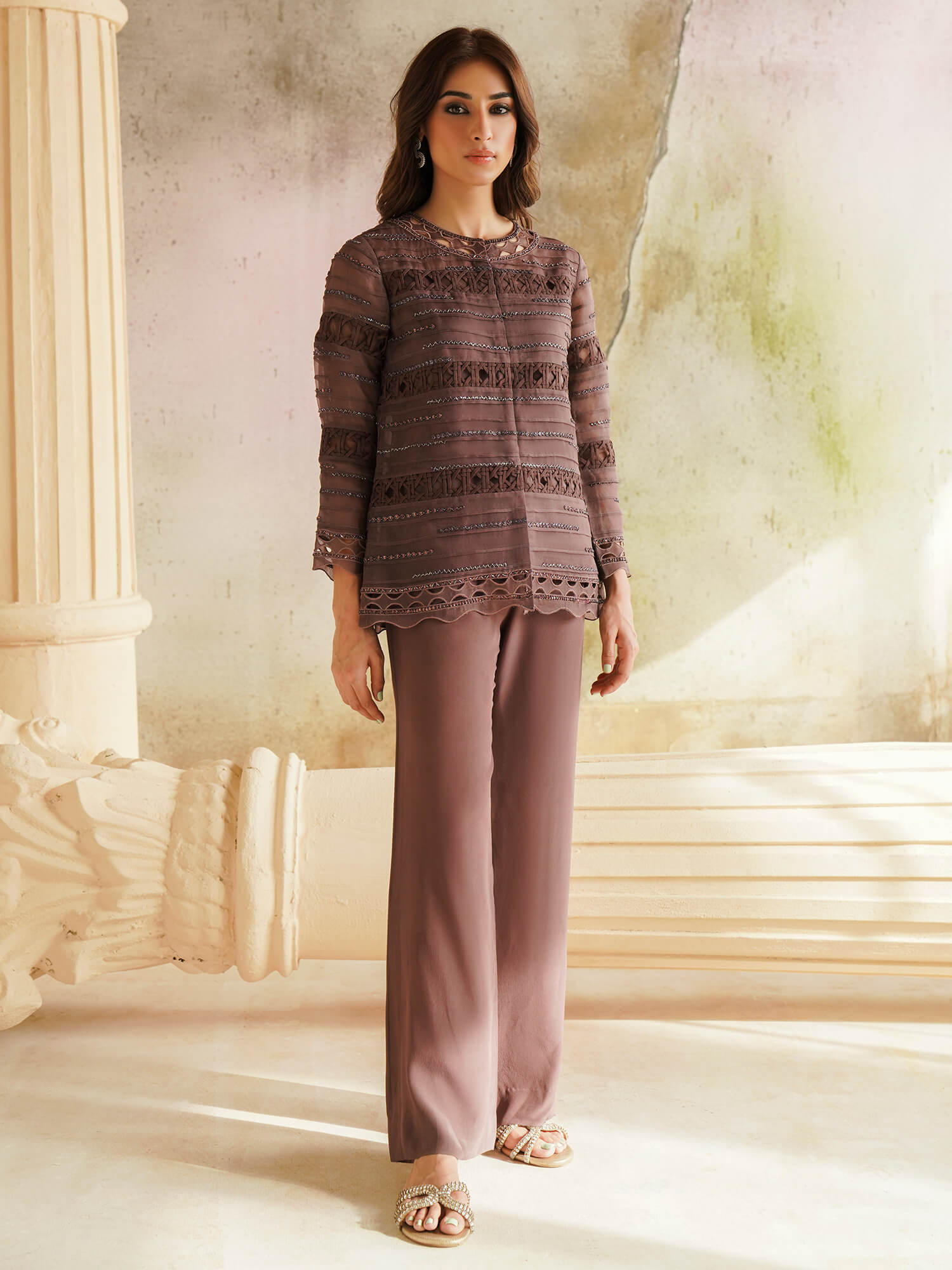 Pakistani Purple Grape Embroidered Organza Coat (2-Piece) - Image 3