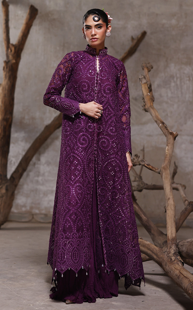 Deep Purple Embroidered Organza Jacket & Chiffon Trousers (2-Piece) - Image 2