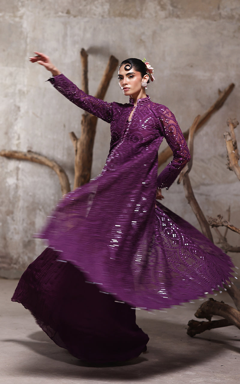 Deep Purple Embroidered Organza Jacket & Chiffon Trousers (2-Piece) - Image 3