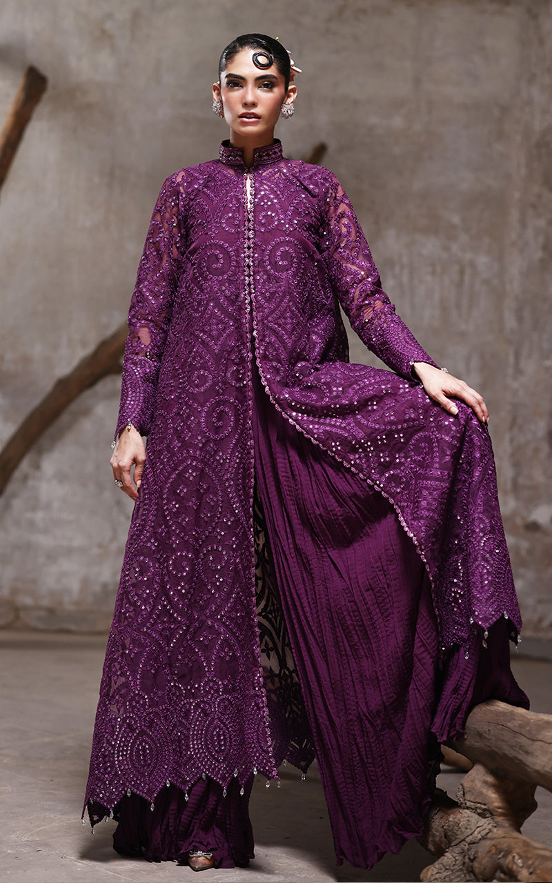 Deep Purple Embroidered Organza Jacket & Chiffon Trousers (2-Piece) - Image 4