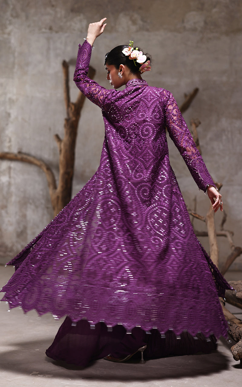 Deep Purple Embroidered Organza Jacket & Chiffon Trousers (2-Piece) - Image 5
