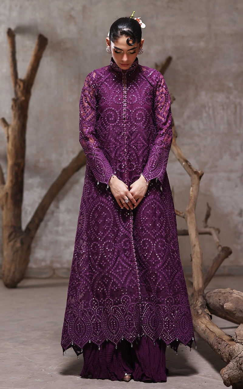Deep Purple Embroidered Organza Jacket & Chiffon Trousers (2-Piece) - Image 6