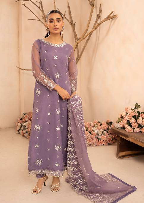 Lilac Sequin Embroidered Organza Kurta Set (3-Piece) - Image 1