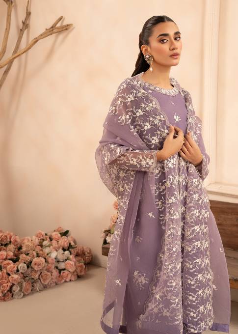 Lilac Sequin Embroidered Organza Kurta Set (3-Piece) - Image 5