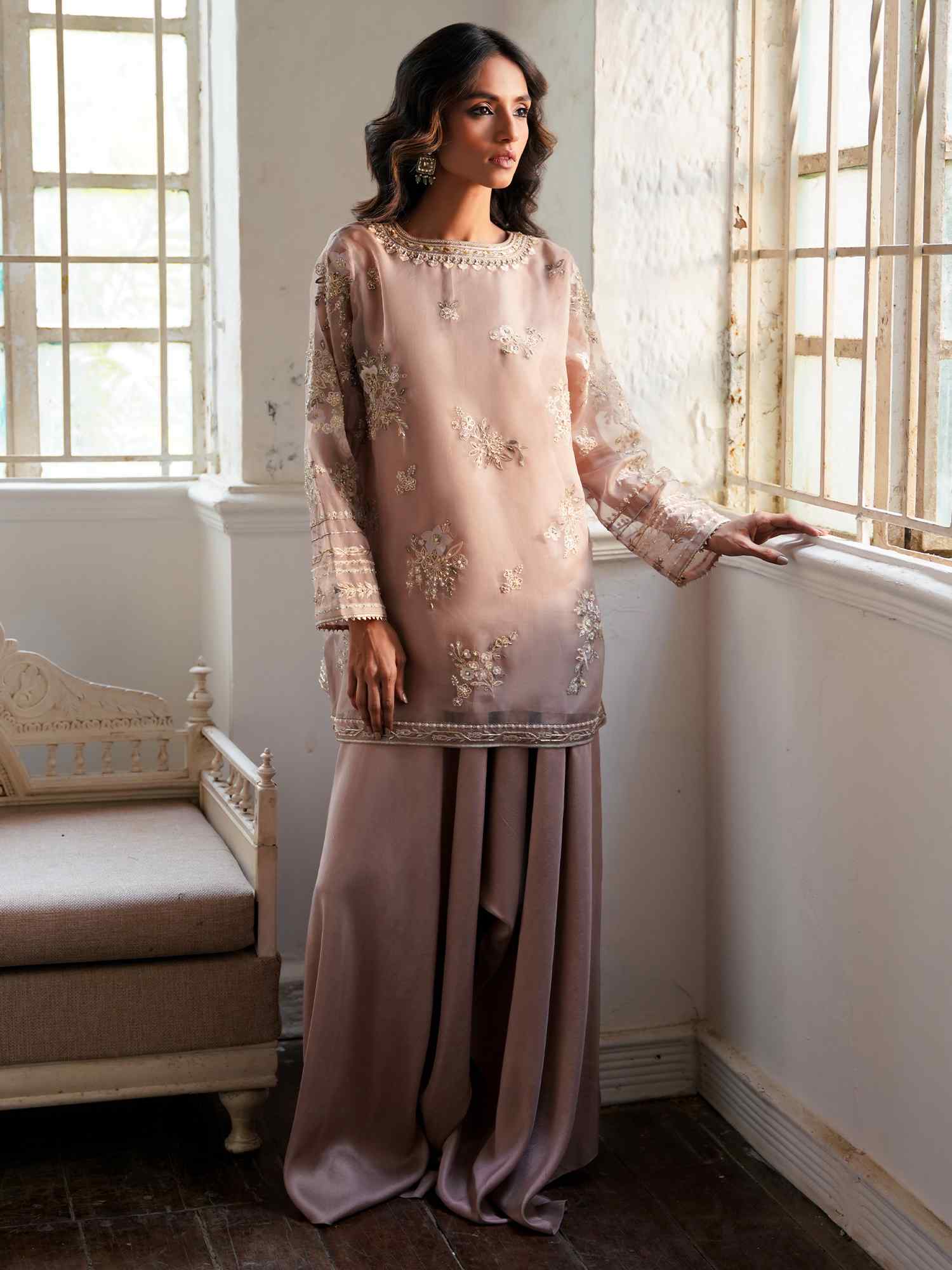 Pakistani Lilac Embroidered Organza Salwar Kameez (3-Piece) - Image 1