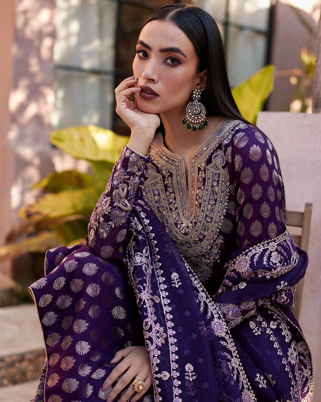 Pakistani Plum Embroidered Paper Silk 3-Piece Suit - Image 3