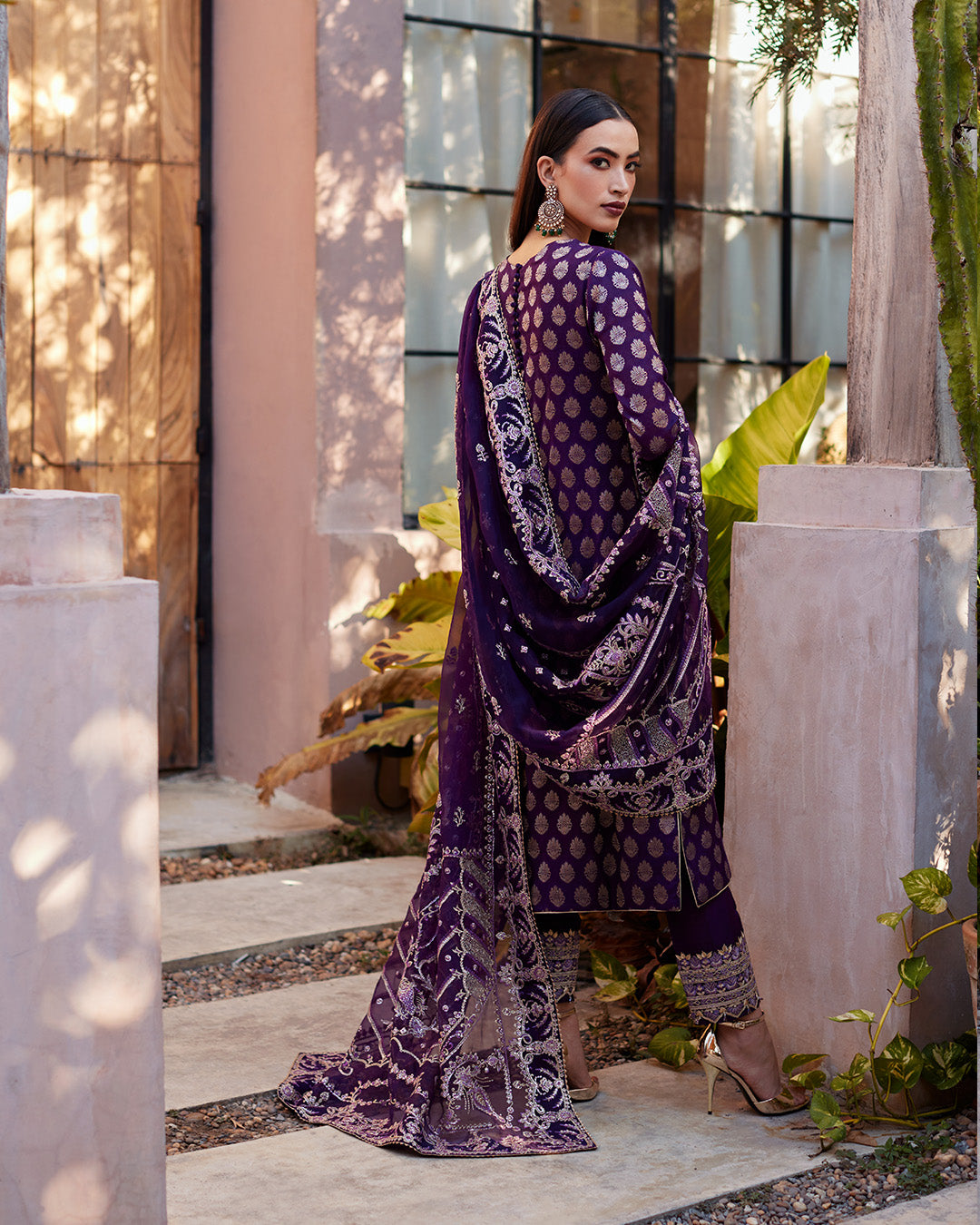 Pakistani Plum Embroidered Paper Silk 3-Piece Suit - Image 4