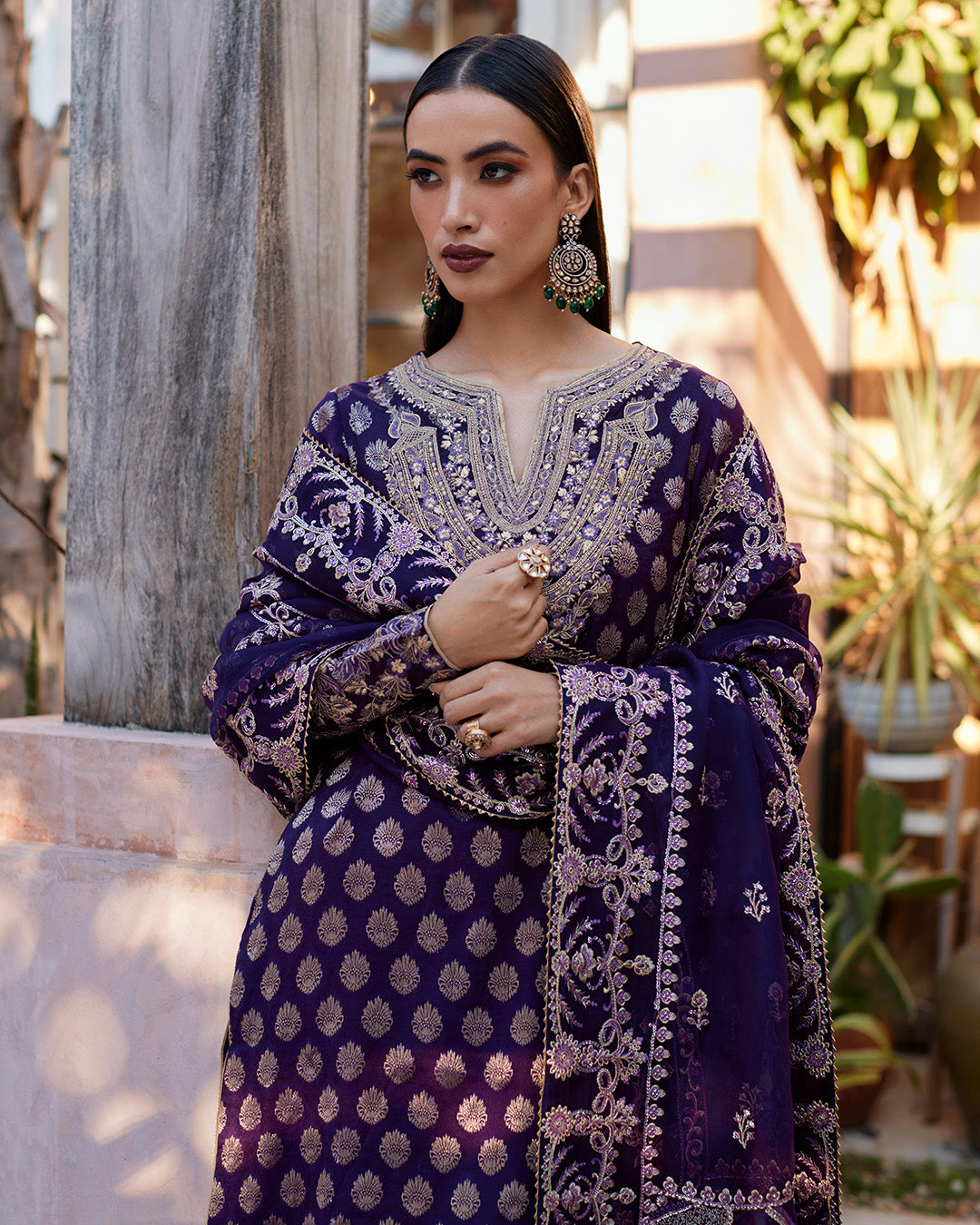 Pakistani Plum Embroidered Paper Silk 3-Piece Suit - Image 5