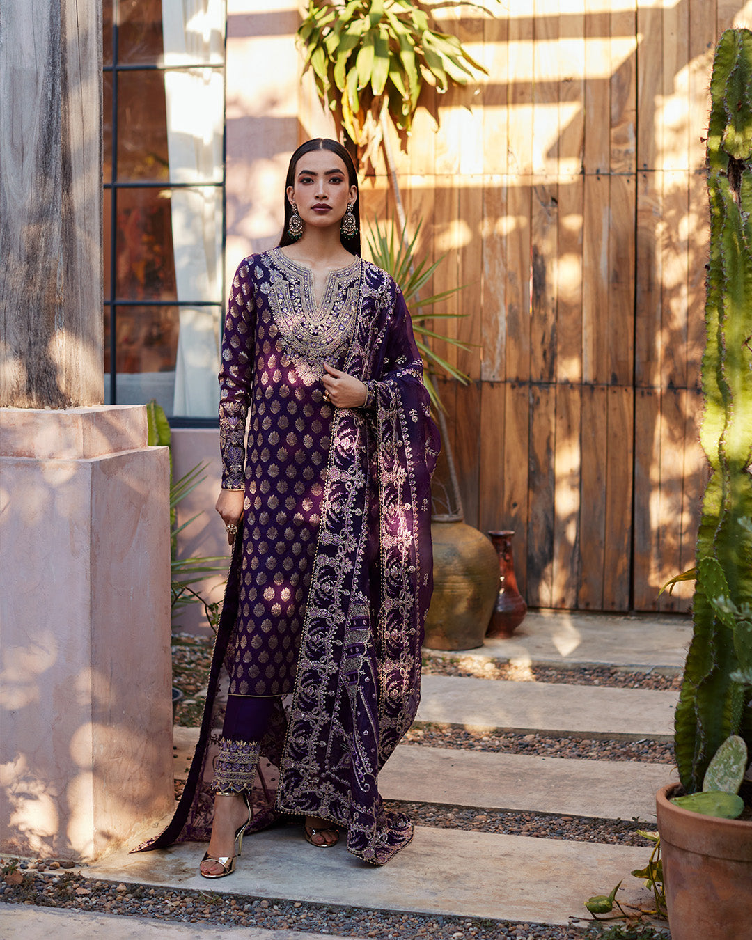 Plum Embroidered Paper Silk Salwar Kameez (3-Piece) - Image 6