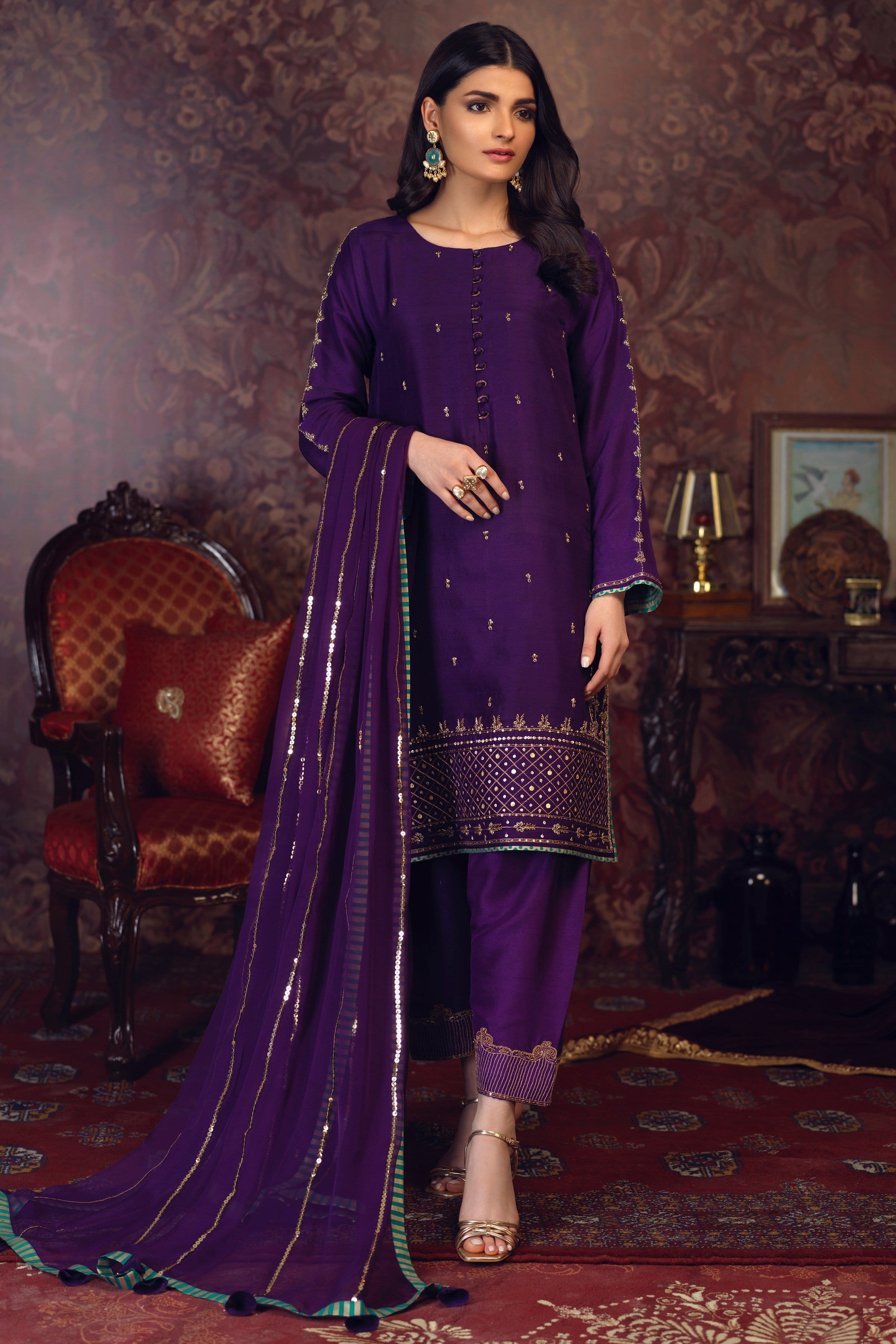 Pakistani Deep Purple Embroidered PK Raw Silk Salwar Kameez (3-Piece) - Image 2