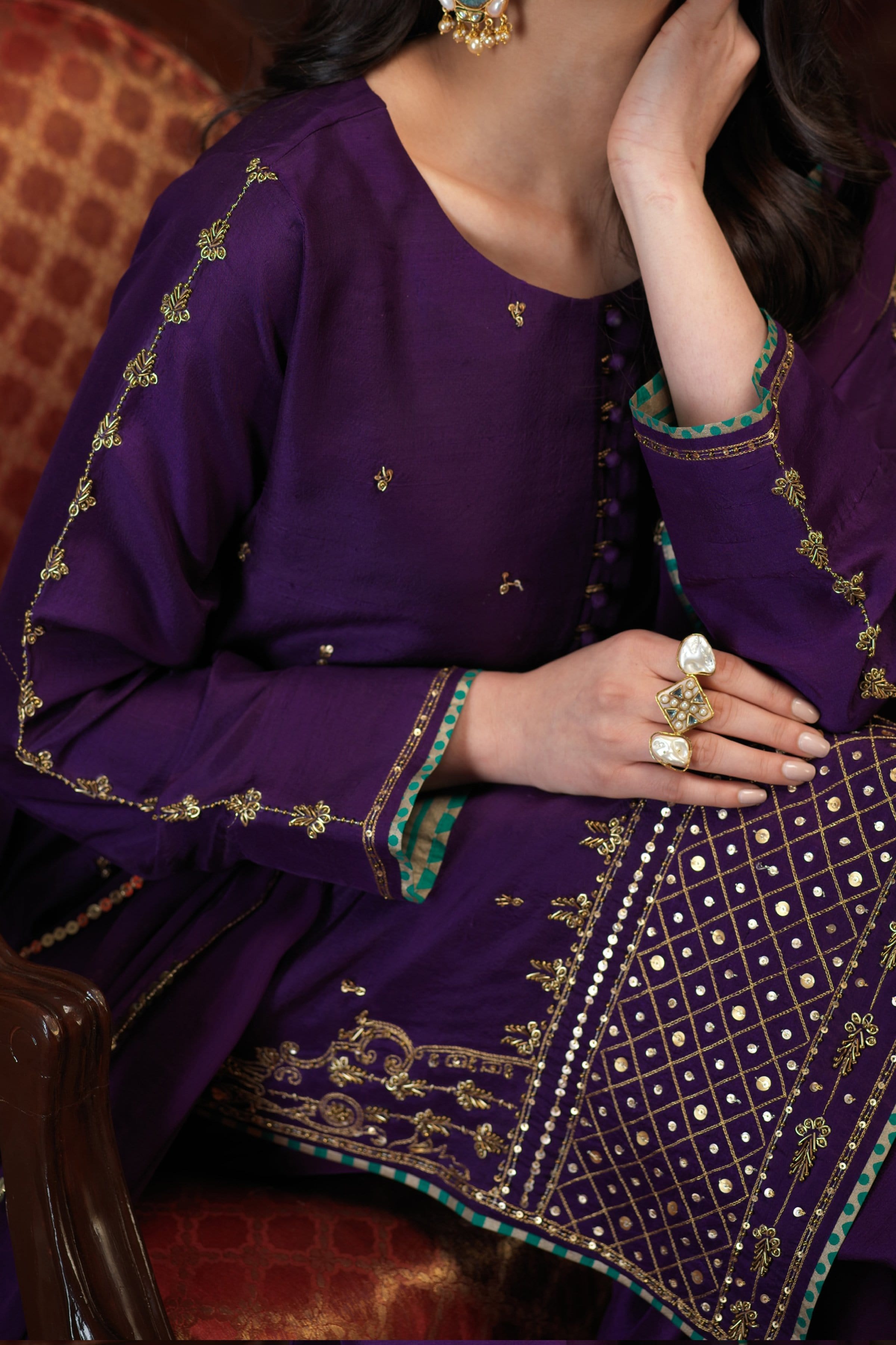 Pakistani Deep Purple Embroidered PK Raw Silk Salwar Kameez (3-Piece) - Image 5