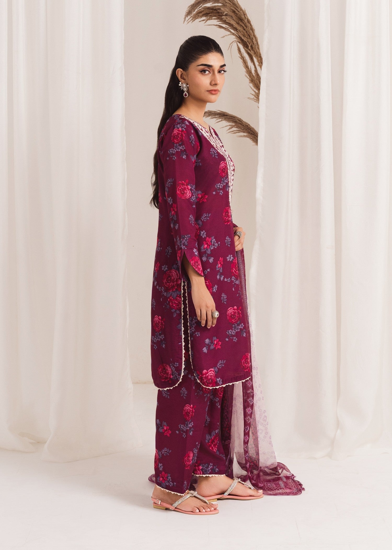 Pakistani Plum Printed Poly Lawn Kurta Set (2-Piece) - Image 2