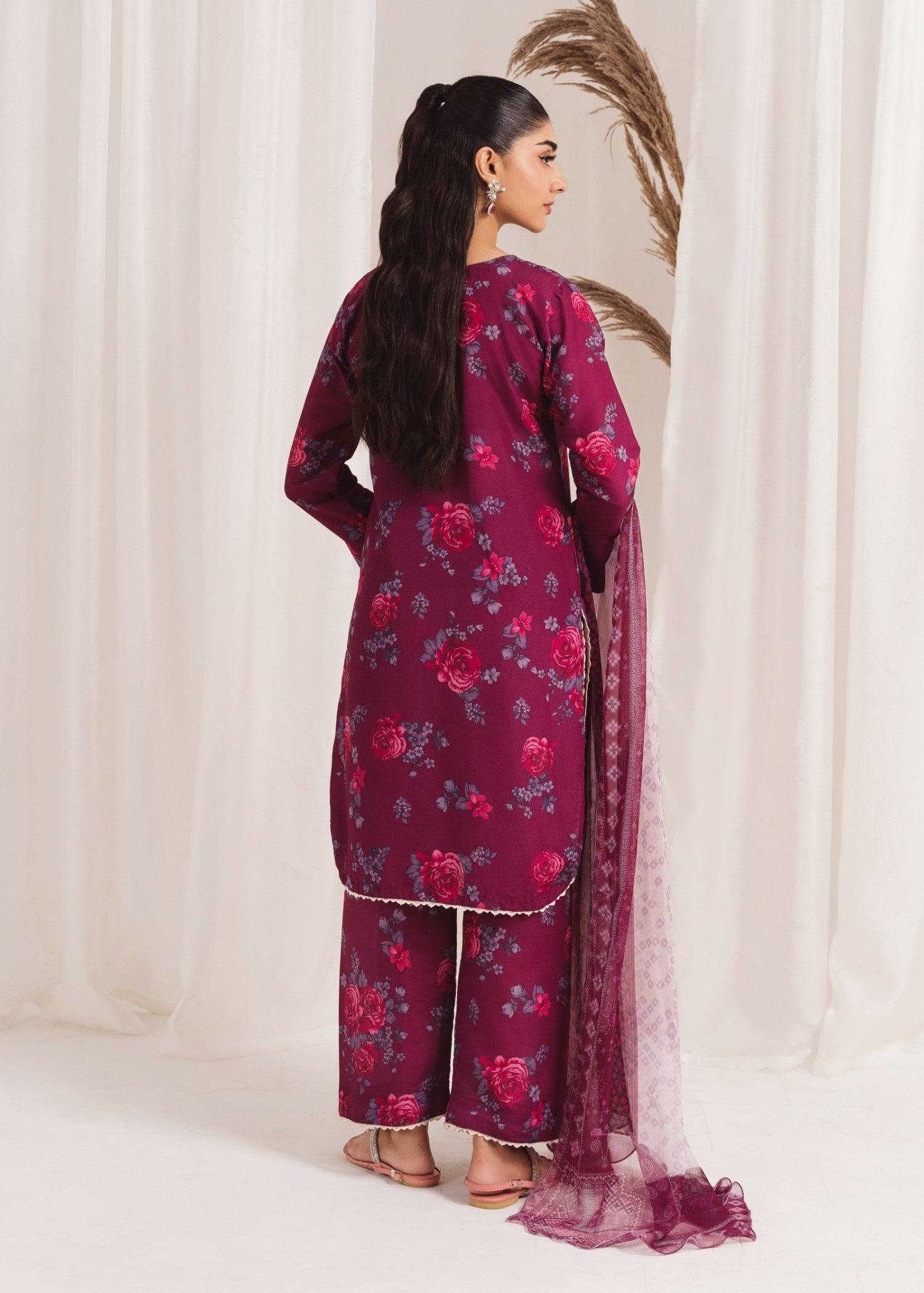 Pakistani Plum Printed Poly Lawn Kurta Set (2-Piece) - Image 3