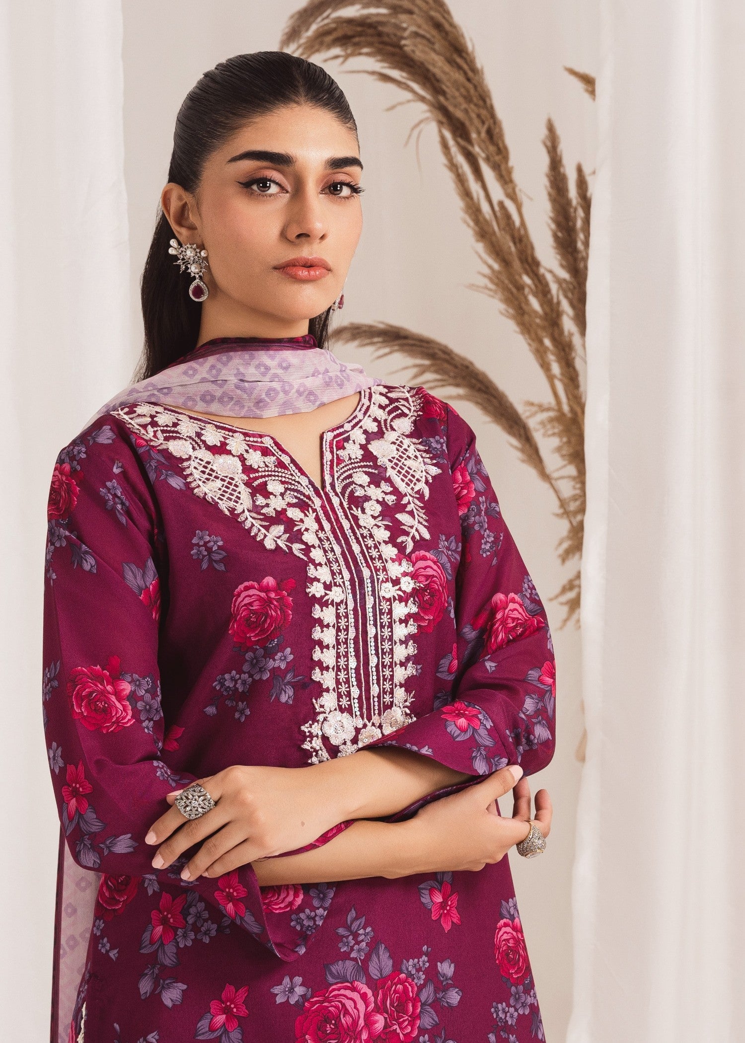 Pakistani Plum Printed Poly Lawn Kurta Set (2-Piece) - Image 5