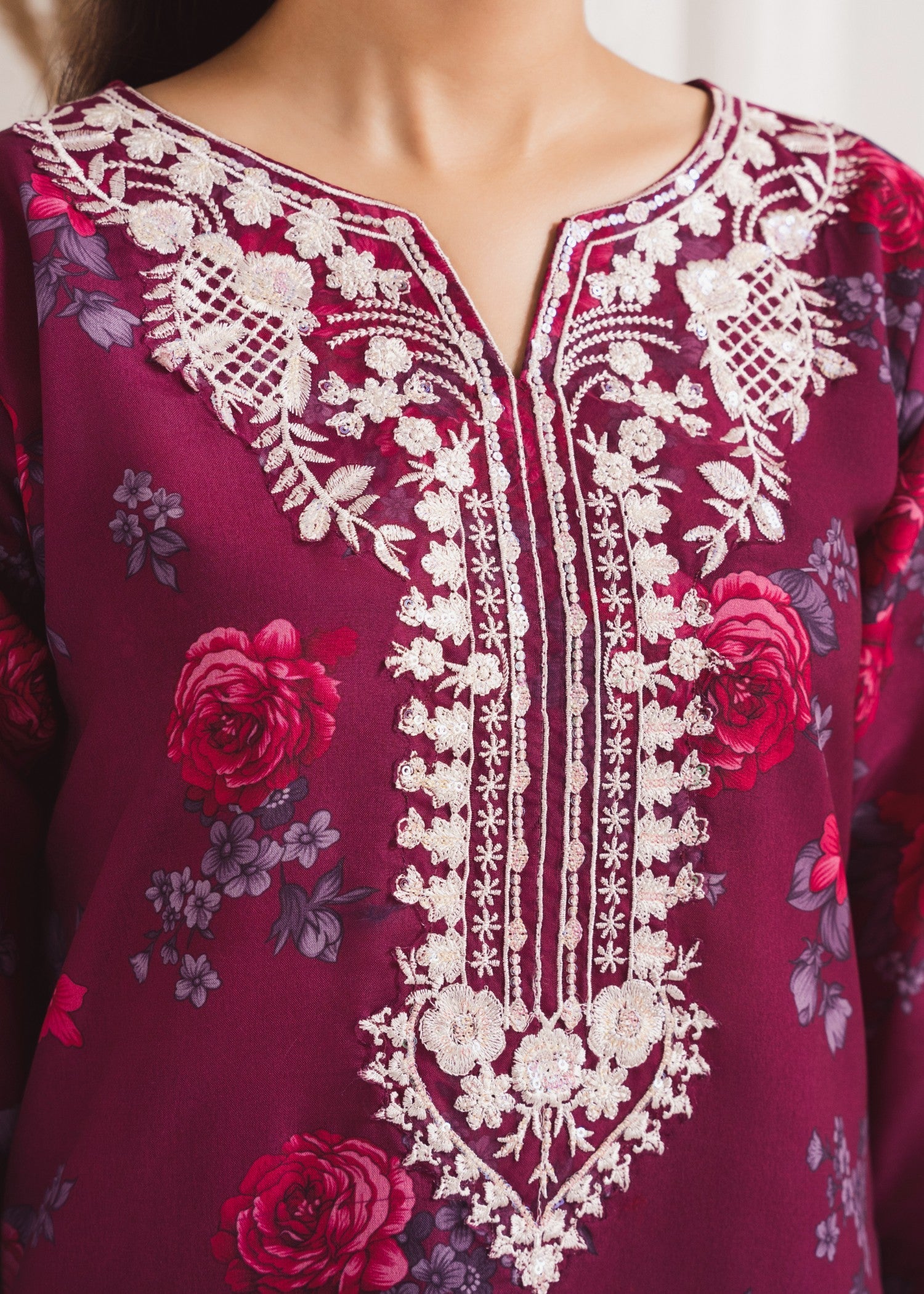 Pakistani Plum Printed Poly Lawn Kurta Set (2-Piece) - Image 6