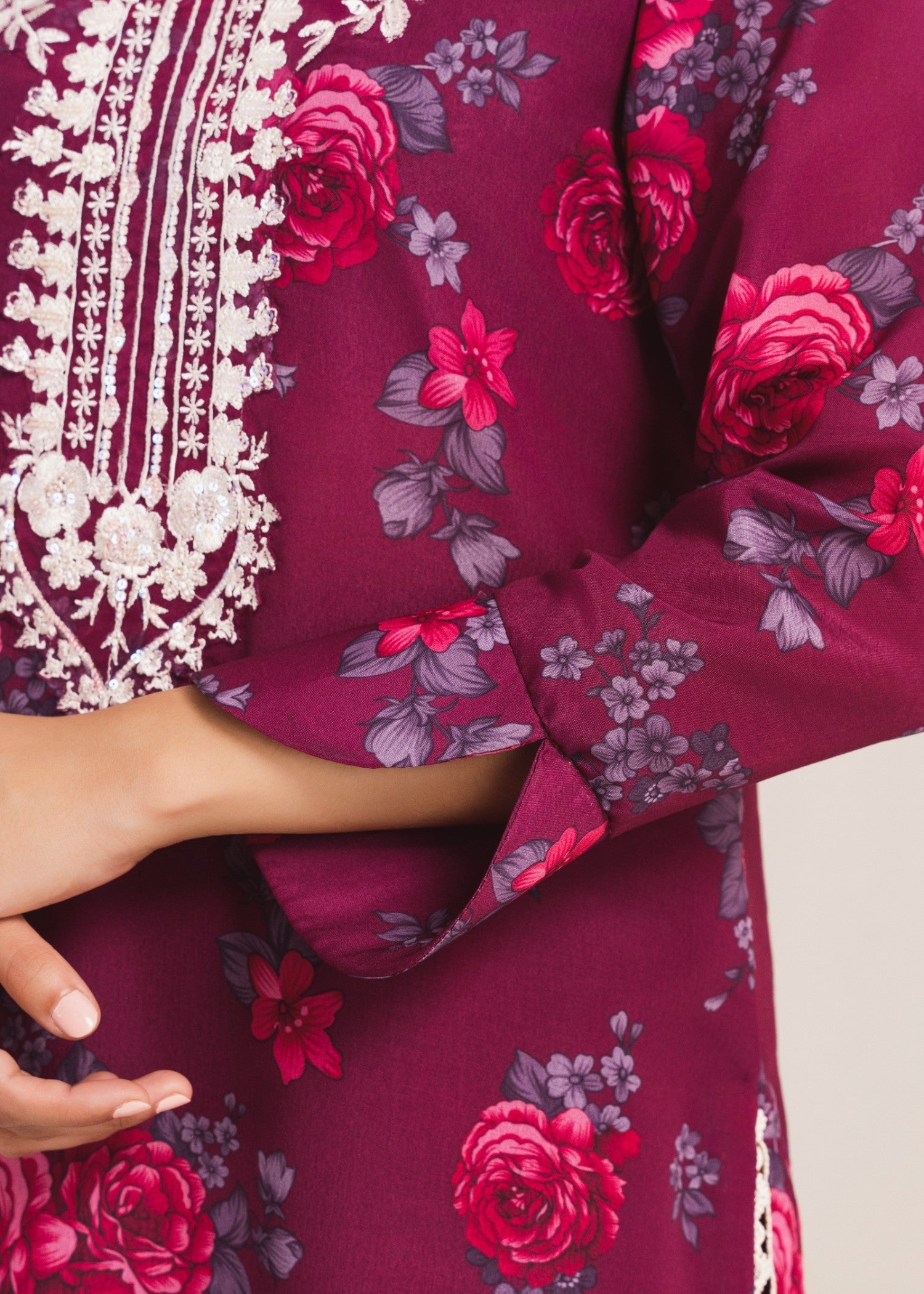 Pakistani Plum Printed Poly Lawn Kurta Set (2-Piece) - Image 7