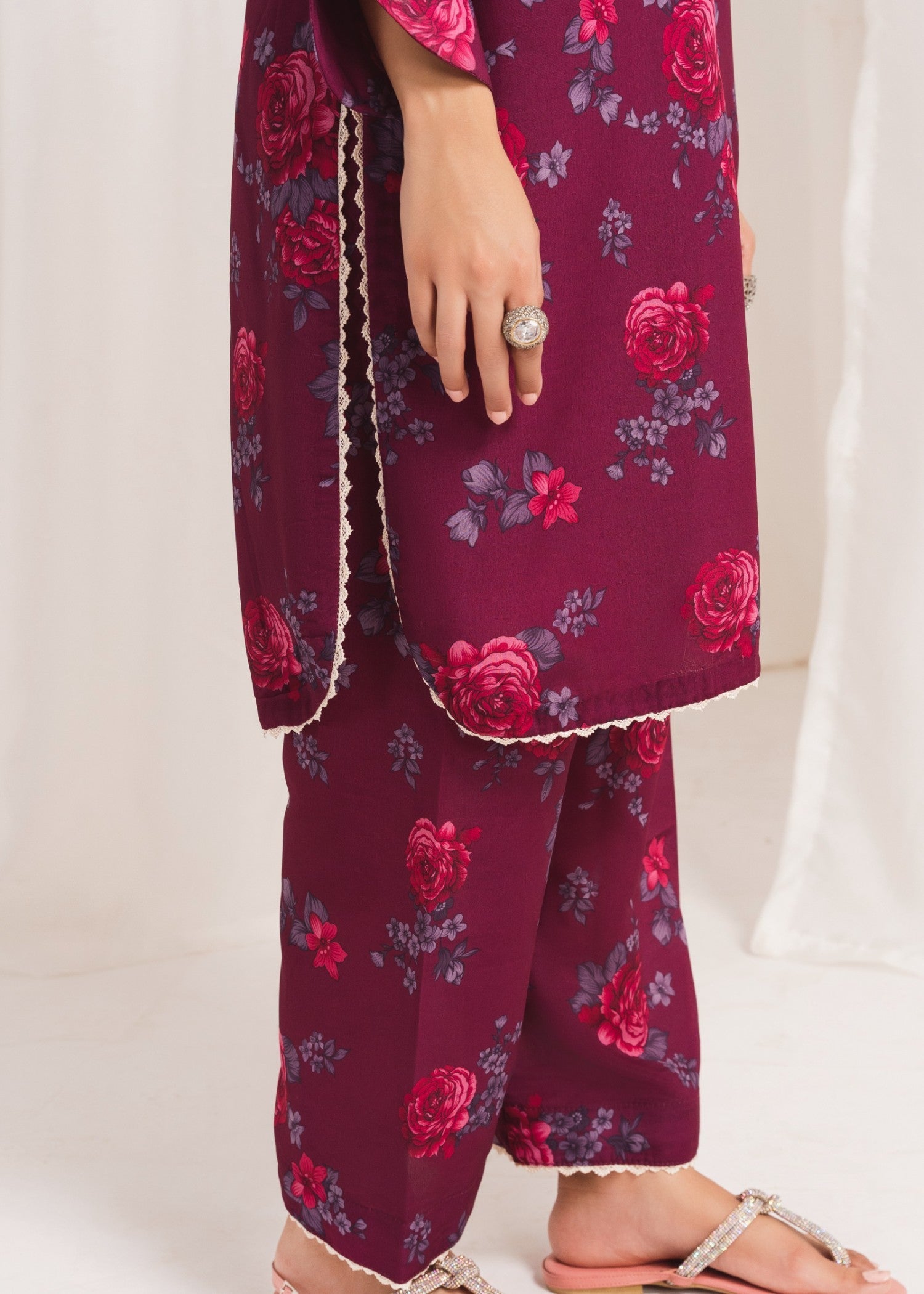 Pakistani Plum Printed Poly Lawn Kurta Set (2-Piece) - Image 8